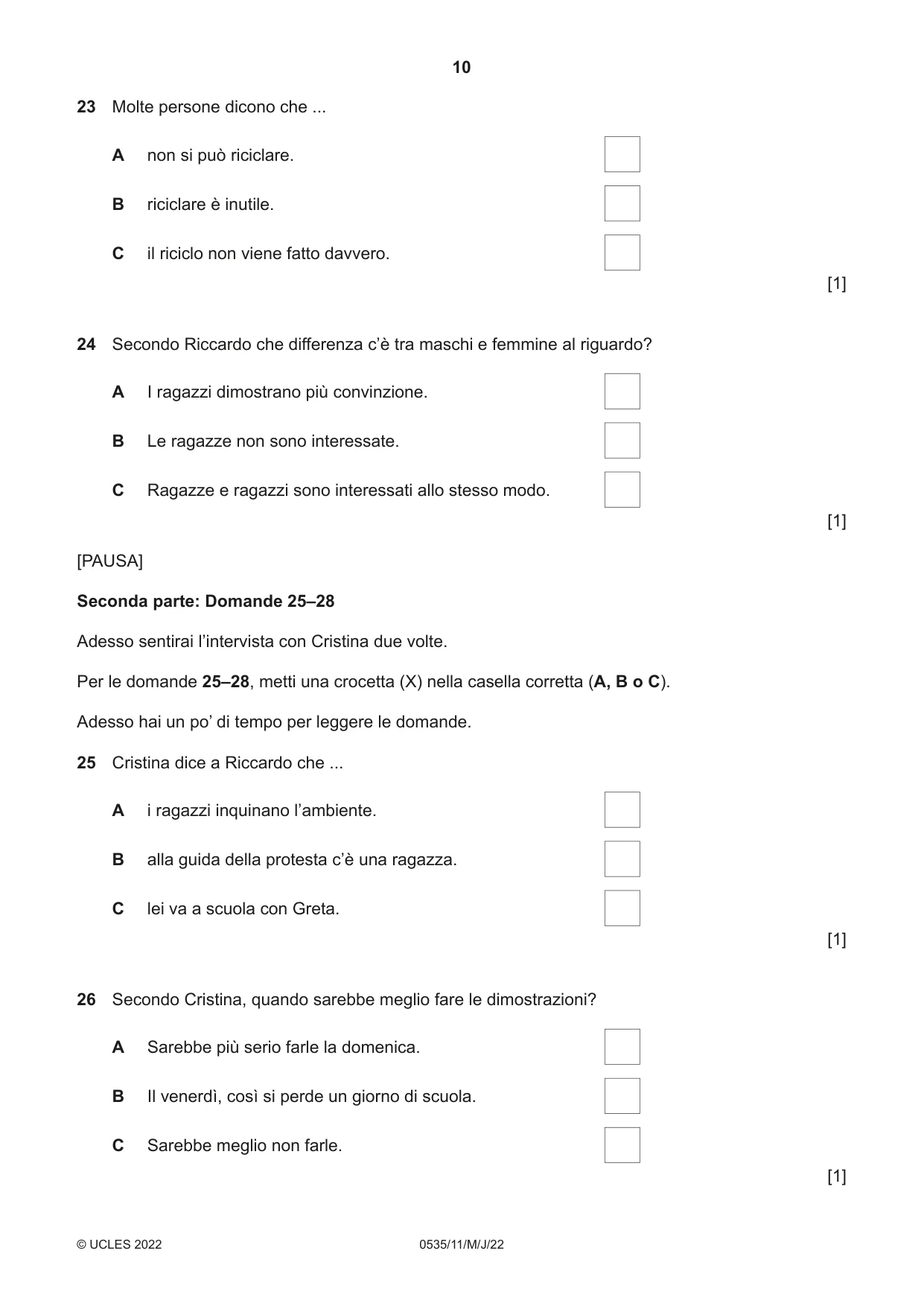 Cambridge IGCSE Italian - Foreign Language 0535 2022 May/June Paper 1 · Variant 1 question paper, page 10 of 16