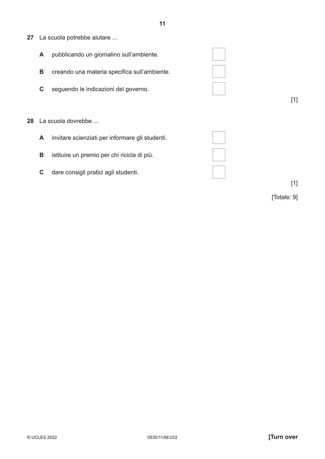 Cambridge IGCSE Italian - Foreign Language 0535 2022 May/June Paper 1 · Variant 1 question paper, page 11 of 16