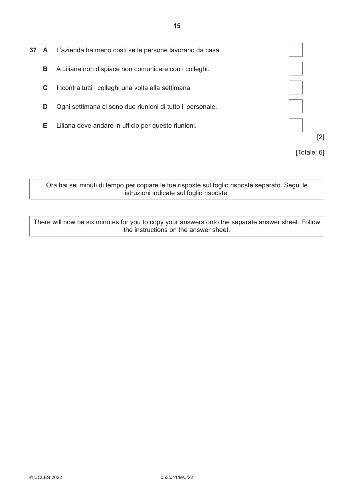 Cambridge IGCSE Italian - Foreign Language 0535 2022 May/June Paper 1 · Variant 1 question paper, page 15 of 16