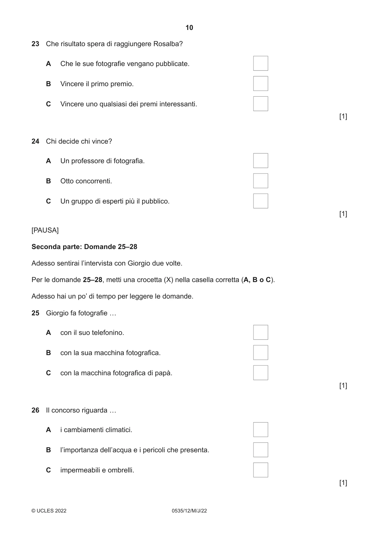 Cambridge IGCSE Italian - Foreign Language 0535 2022 May/June Paper 1 · Variant 2 question paper, page 10 of 16