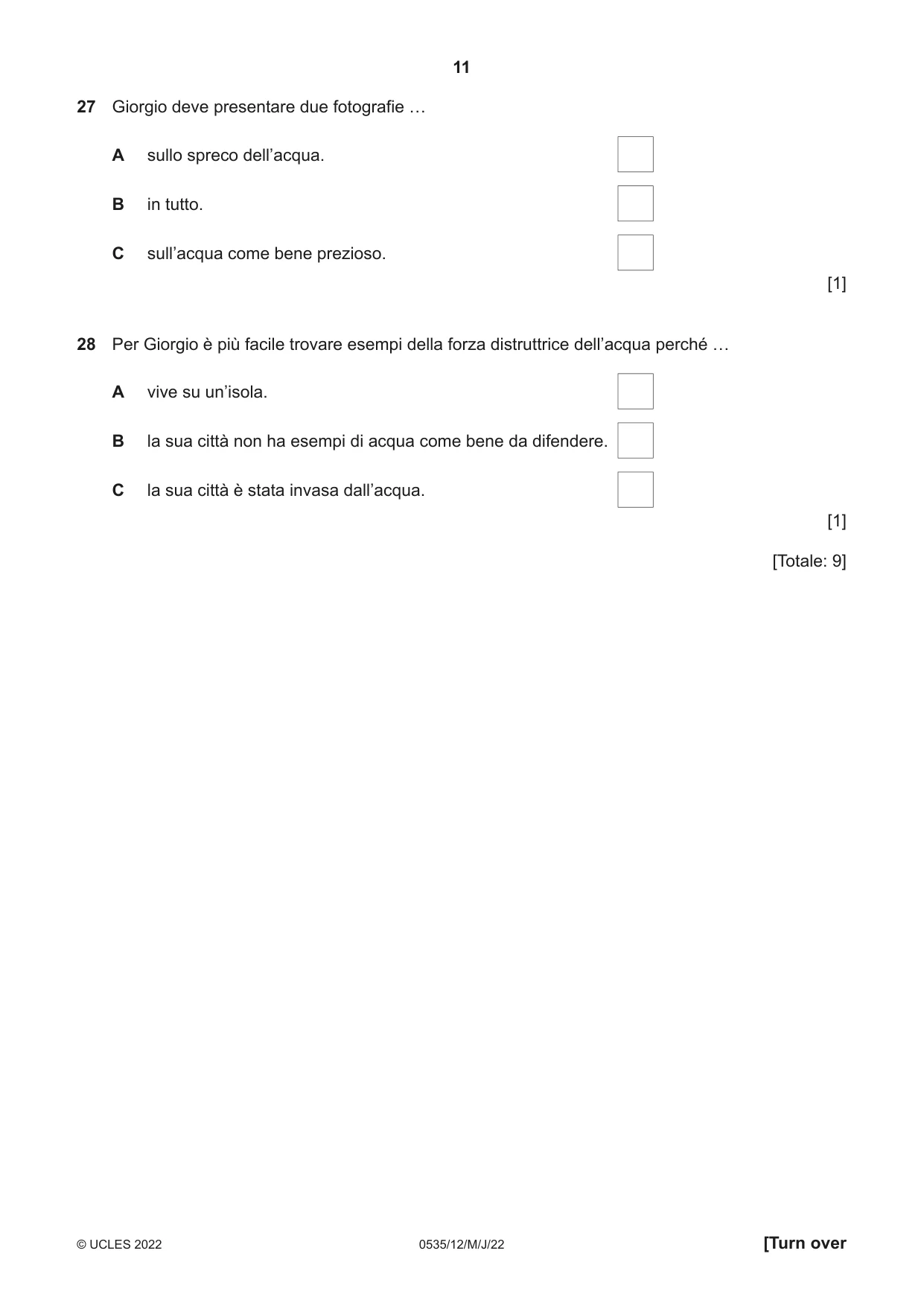 Cambridge IGCSE Italian - Foreign Language 0535 2022 May/June Paper 1 · Variant 2 question paper, page 11 of 16