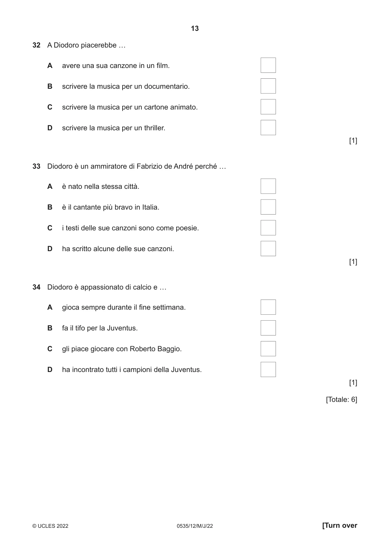 Cambridge IGCSE Italian - Foreign Language 0535 2022 May/June Paper 1 · Variant 2 question paper, page 13 of 16