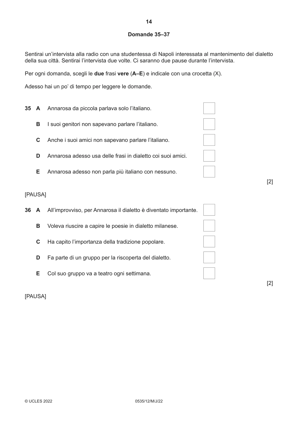 Cambridge IGCSE Italian - Foreign Language 0535 2022 May/June Paper 1 · Variant 2 question paper, page 14 of 16