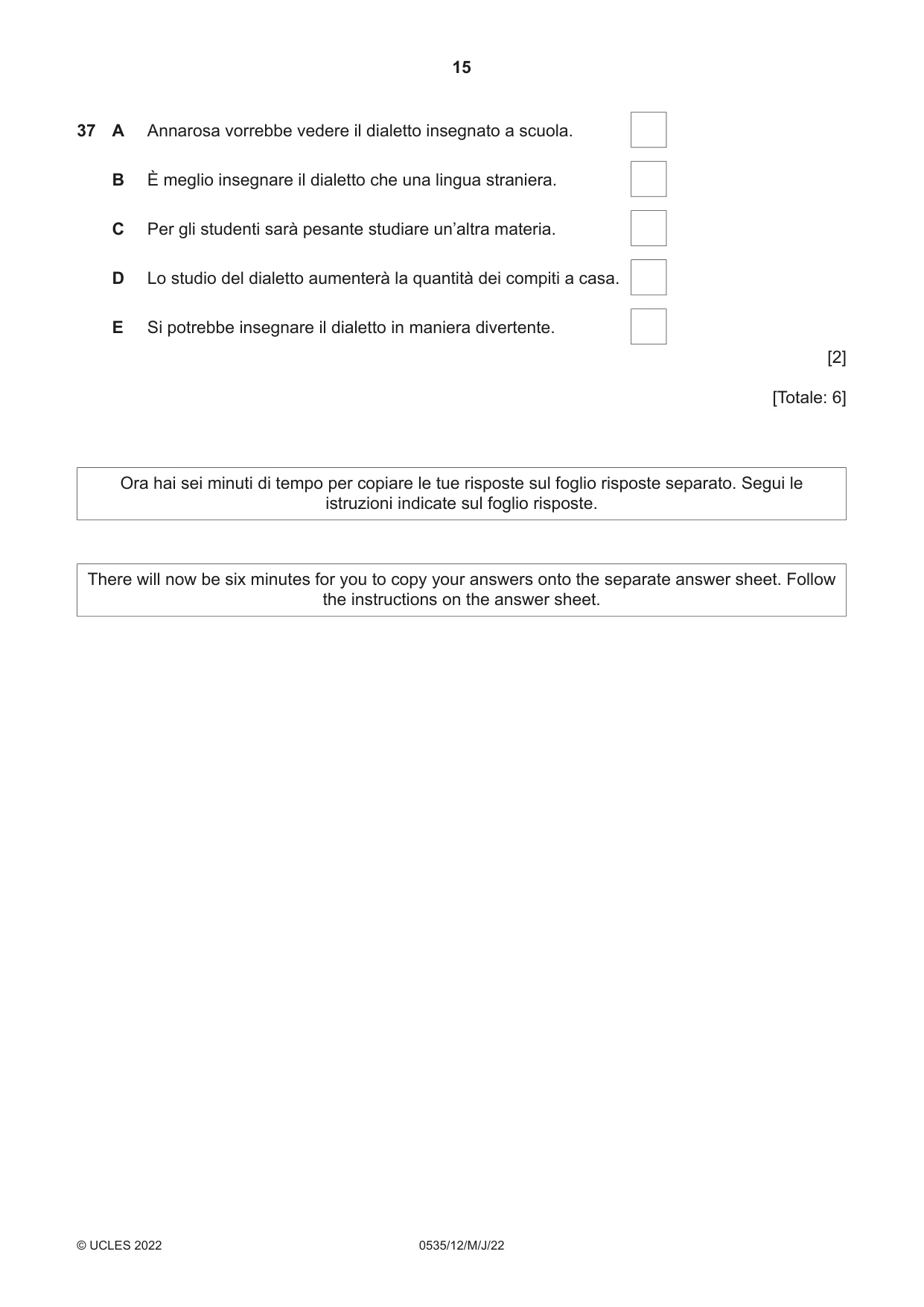 Cambridge IGCSE Italian - Foreign Language 0535 2022 May/June Paper 1 · Variant 2 question paper, page 15 of 16