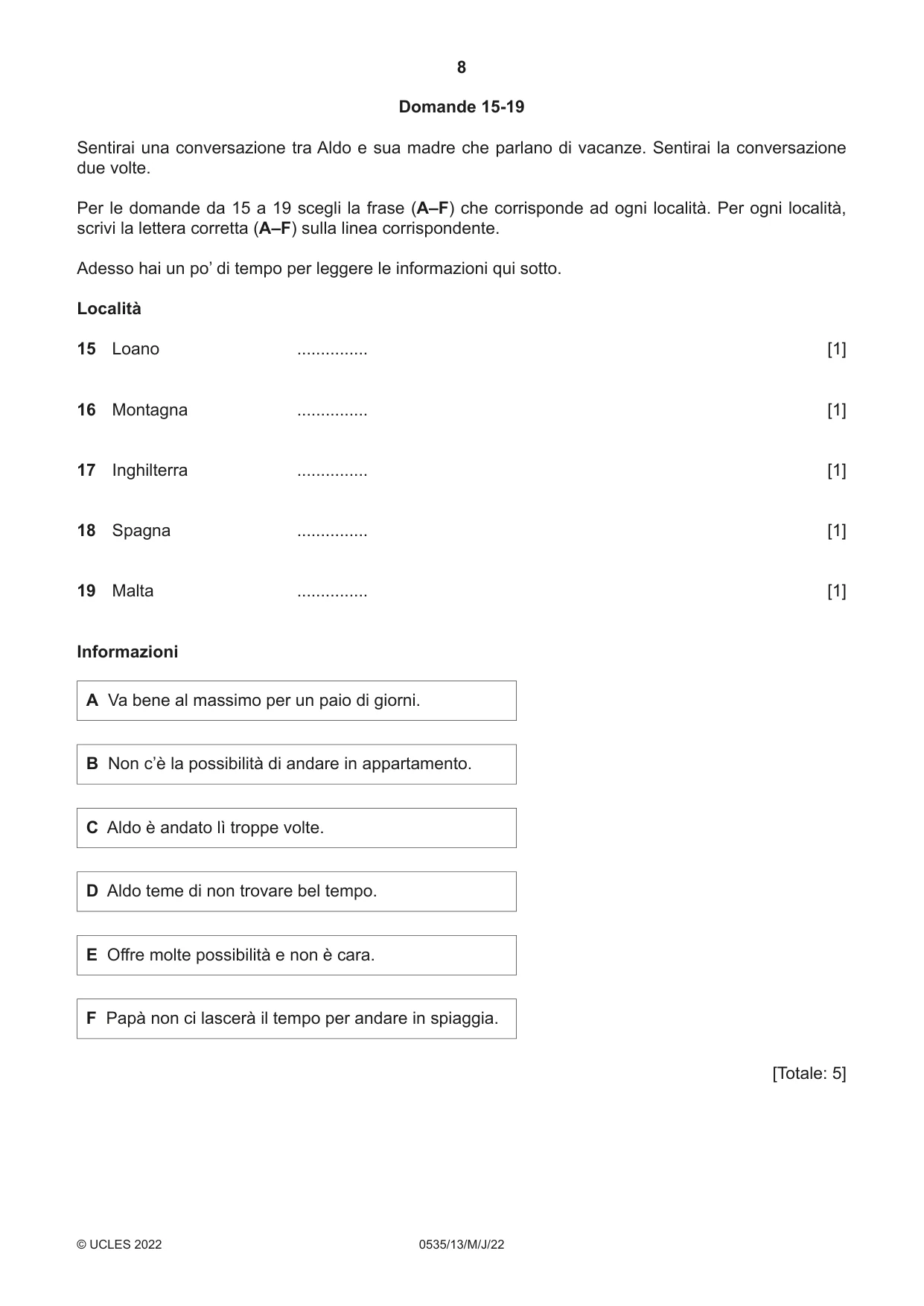 Cambridge IGCSE Italian - Foreign Language 0535 2022 May/June Paper 1 · Variant 3 question paper, page 8 of 16
