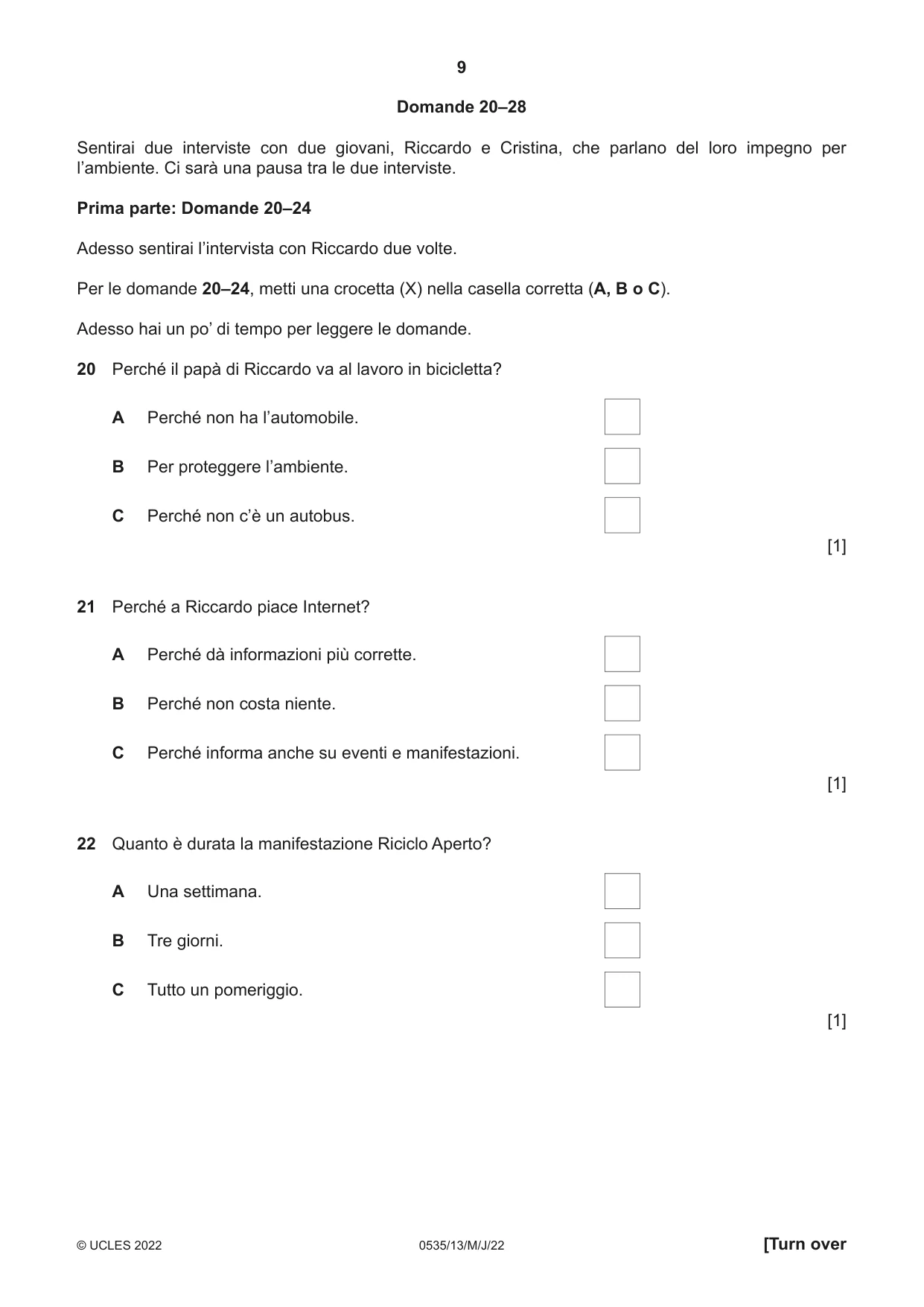 Cambridge IGCSE Italian - Foreign Language 0535 2022 May/June Paper 1 · Variant 3 question paper, page 9 of 16