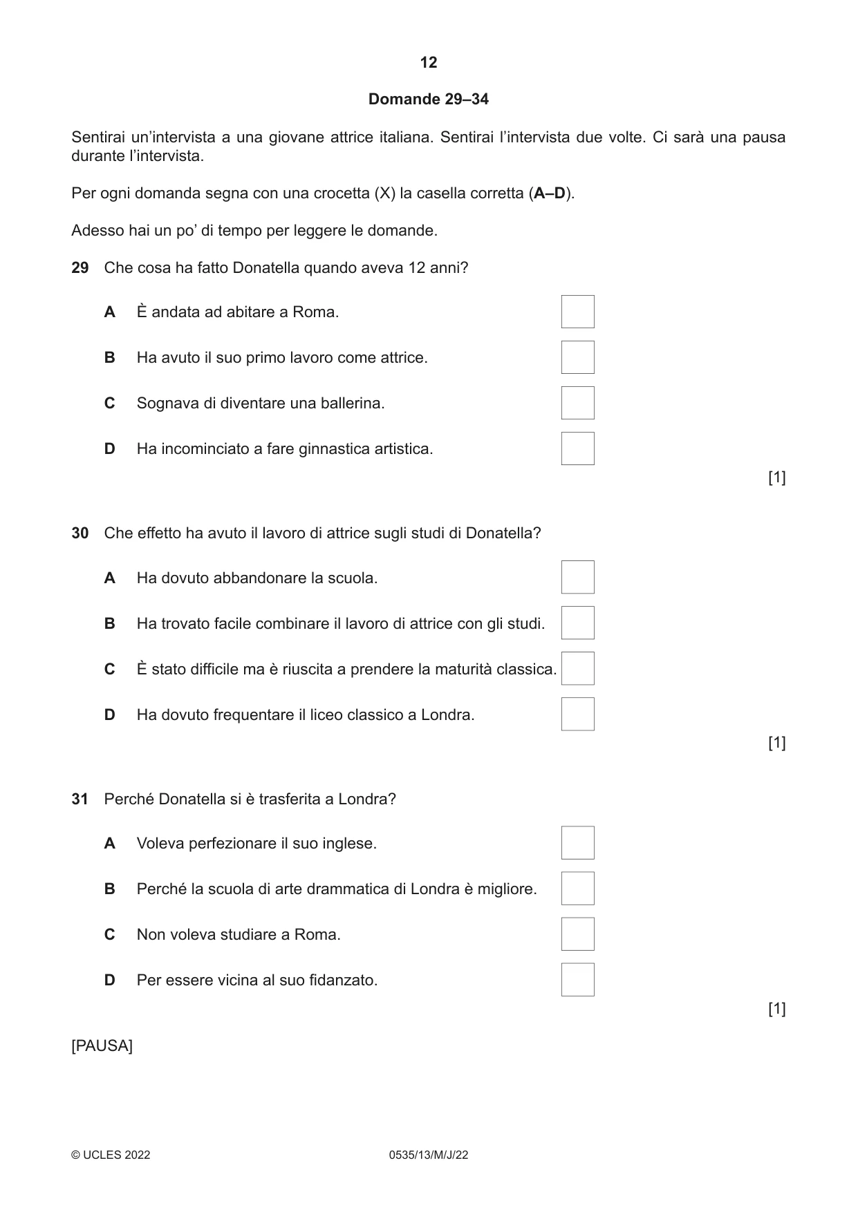 Cambridge IGCSE Italian - Foreign Language 0535 2022 May/June Paper 1 · Variant 3 question paper, page 12 of 16