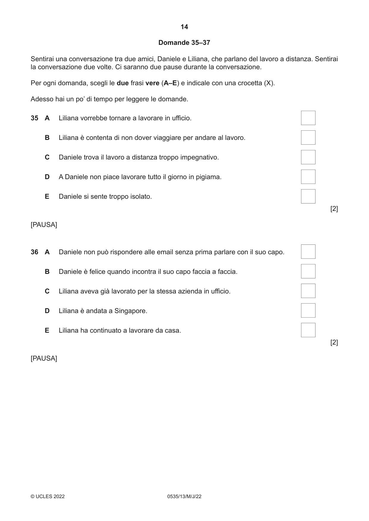 Cambridge IGCSE Italian - Foreign Language 0535 2022 May/June Paper 1 · Variant 3 question paper, page 14 of 16