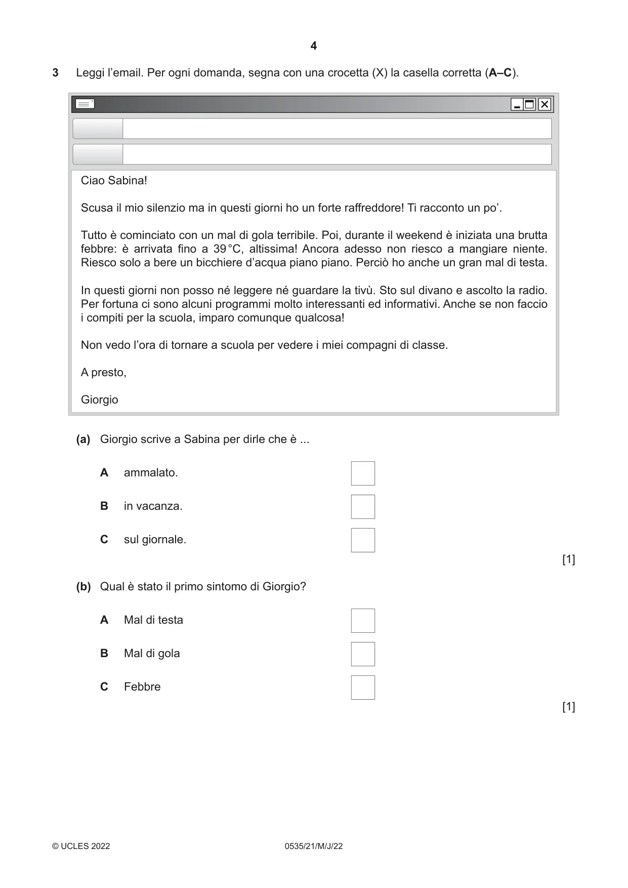 Cambridge IGCSE Italian - Foreign Language 0535 2022 May/June Paper 2 · Variant 1 question paper, page 4 of 12
