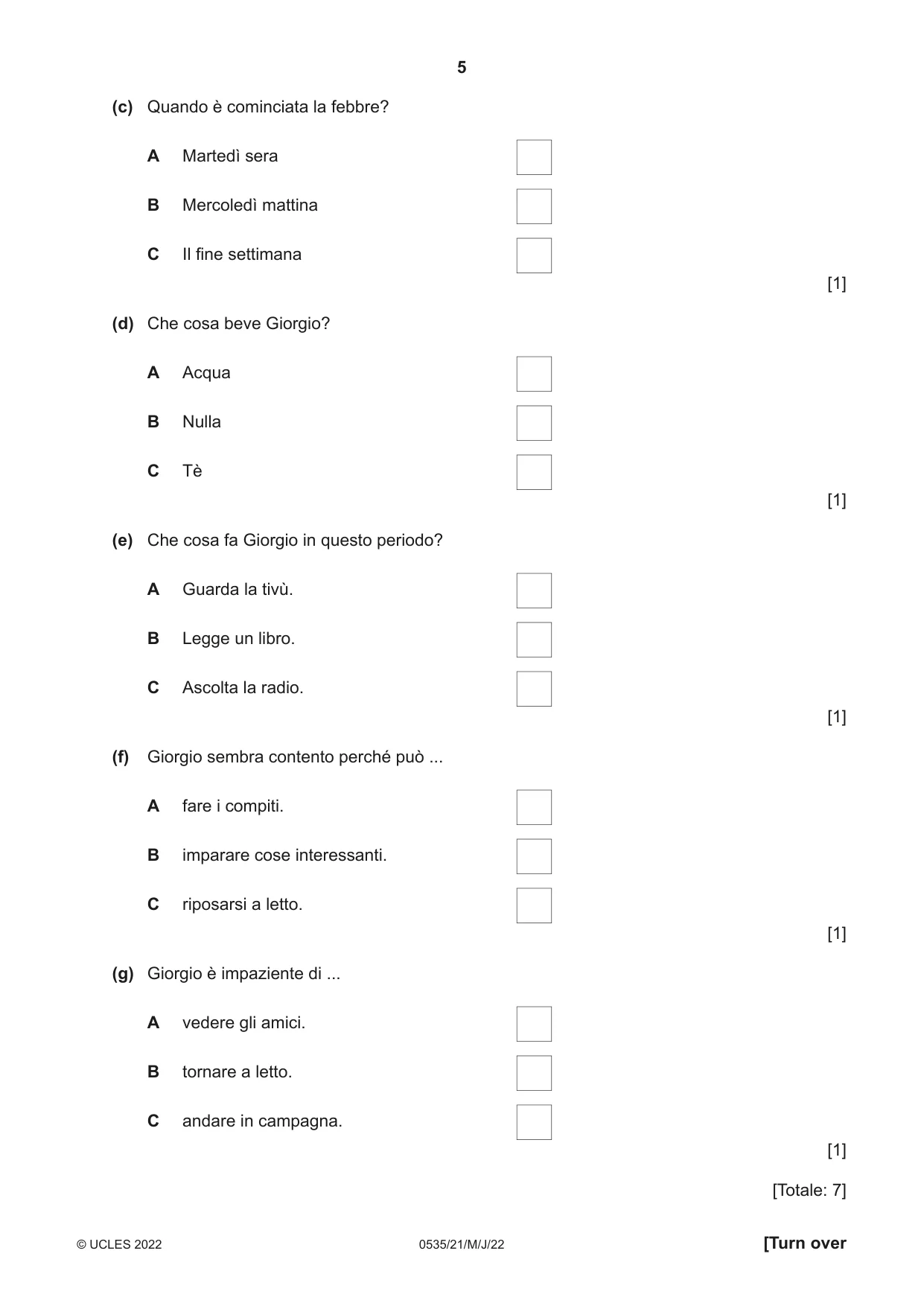 Cambridge IGCSE Italian - Foreign Language 0535 2022 May/June Paper 2 · Variant 1 question paper, page 5 of 12