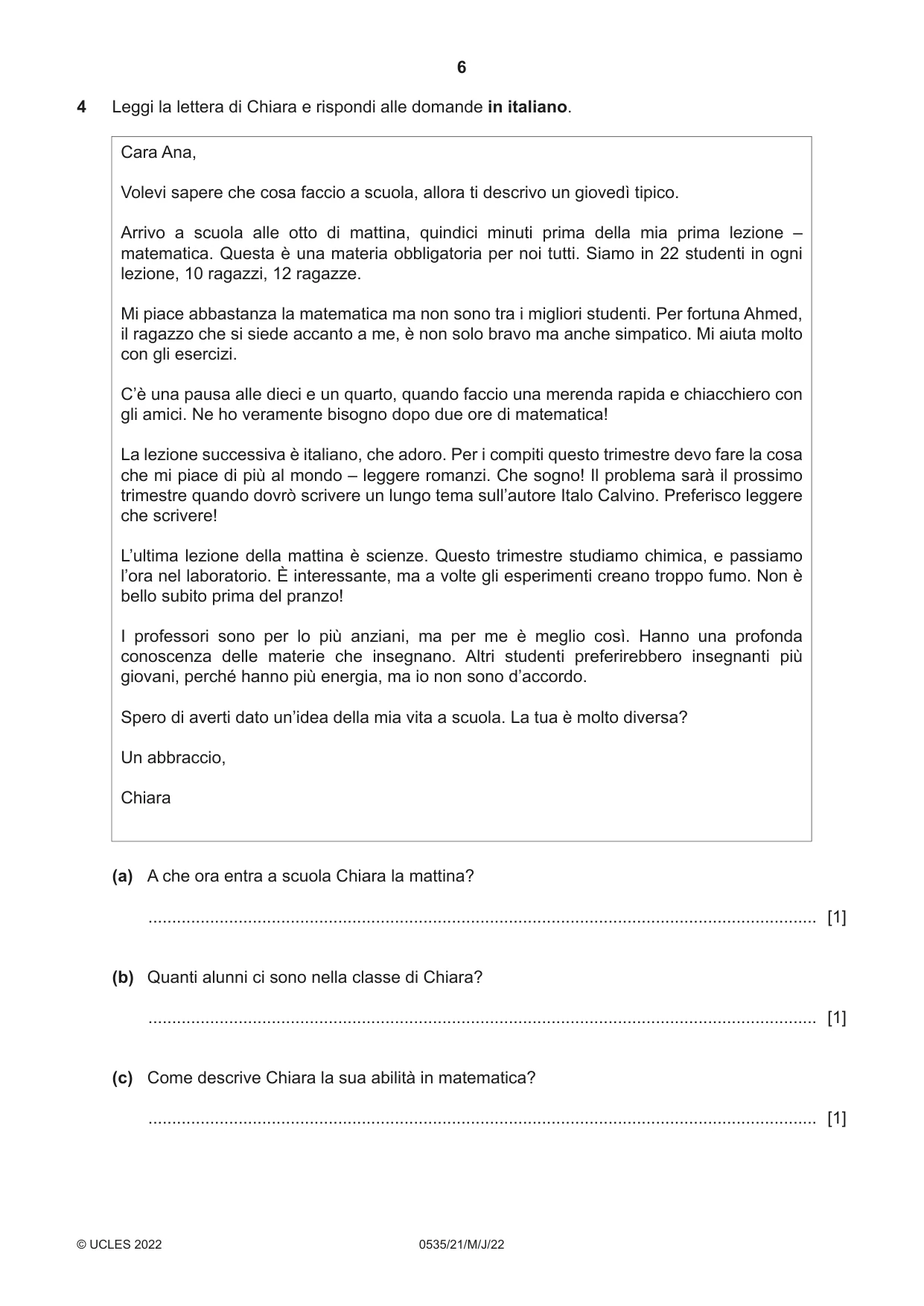 Cambridge IGCSE Italian - Foreign Language 0535 2022 May/June Paper 2 · Variant 1 question paper, page 6 of 12