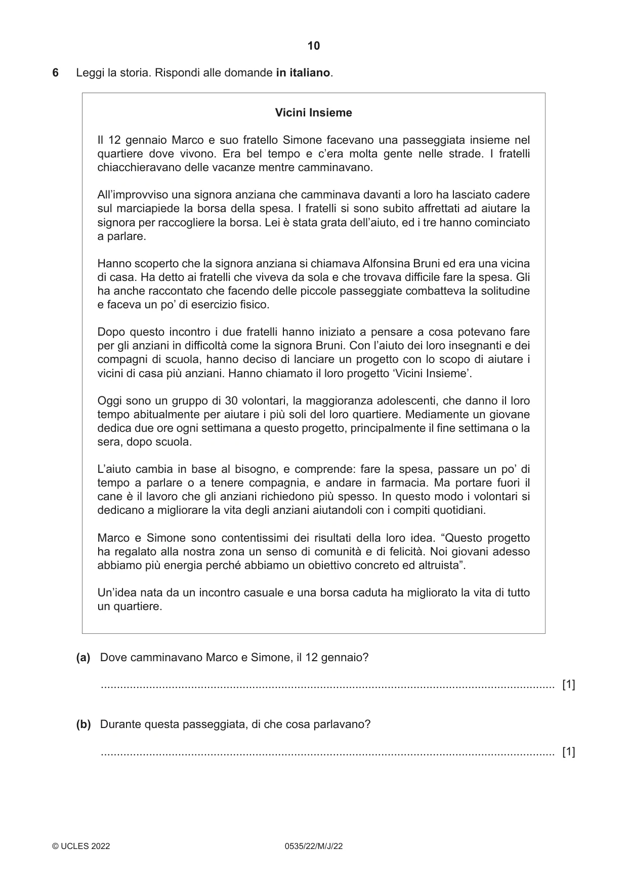 Cambridge IGCSE Italian - Foreign Language 0535 2022 May/June Paper 2 · Variant 2 question paper, page 10 of 12