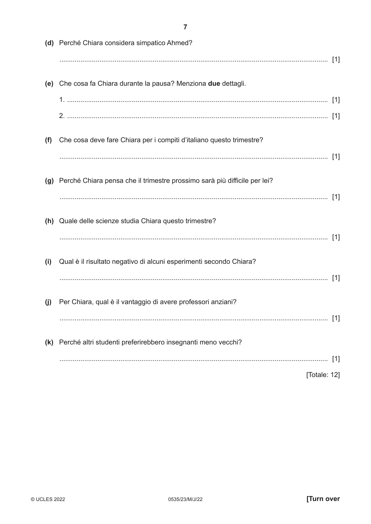 Cambridge IGCSE Italian - Foreign Language 0535 2022 May/June Paper 2 · Variant 3 question paper, page 7 of 12