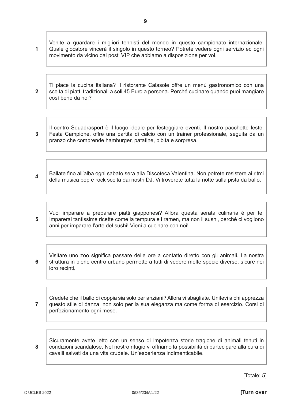 Cambridge IGCSE Italian - Foreign Language 0535 2022 May/June Paper 2 · Variant 3 question paper, page 9 of 12