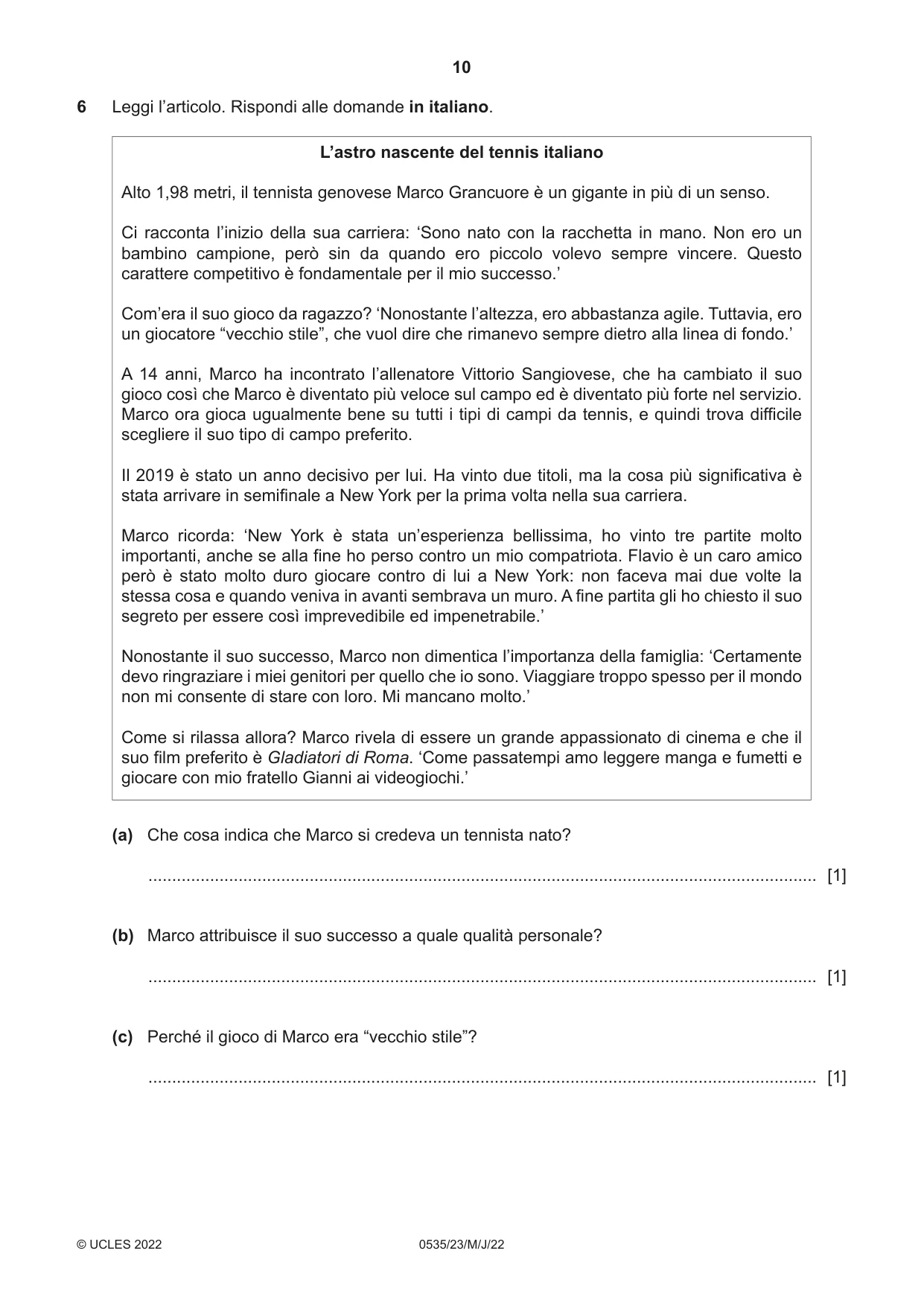 Cambridge IGCSE Italian - Foreign Language 0535 2022 May/June Paper 2 · Variant 3 question paper, page 10 of 12