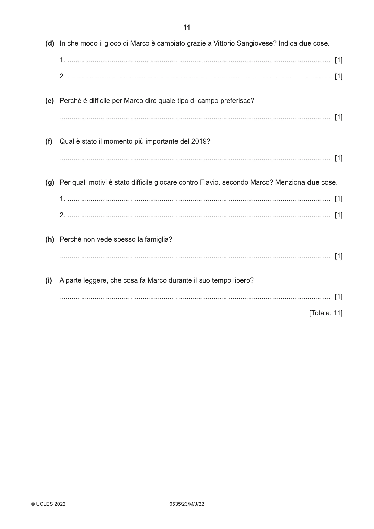 Cambridge IGCSE Italian - Foreign Language 0535 2022 May/June Paper 2 · Variant 3 question paper, page 11 of 12