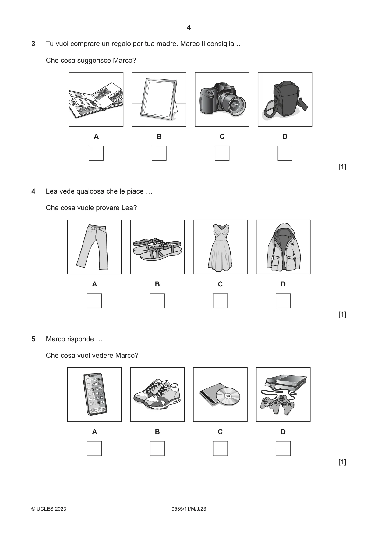 Cambridge IGCSE Italian - Foreign Language 0535 2023 May/June Paper 1 · Variant 1 question paper, page 4 of 16