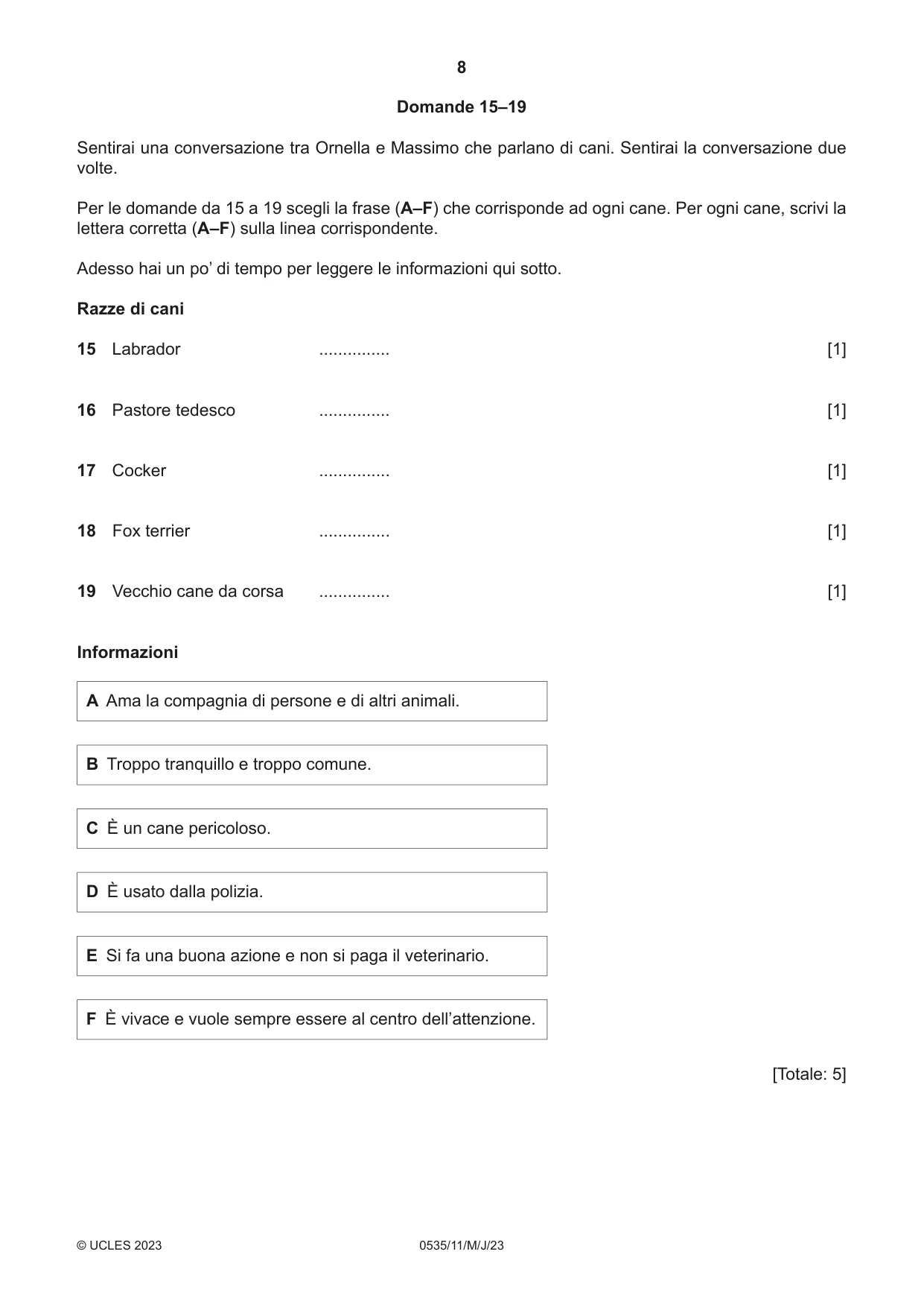 Cambridge IGCSE Italian - Foreign Language 0535 2023 May/June Paper 1 · Variant 1 question paper, page 8 of 16