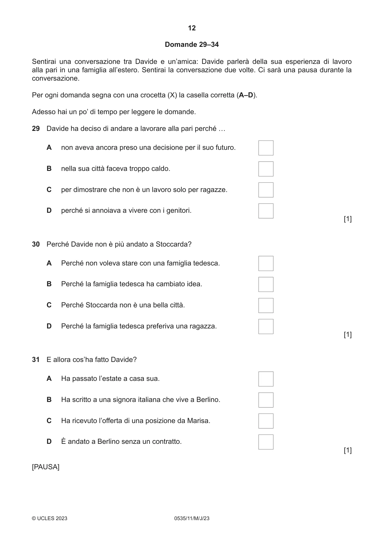 Cambridge IGCSE Italian - Foreign Language 0535 2023 May/June Paper 1 · Variant 1 question paper, page 12 of 16