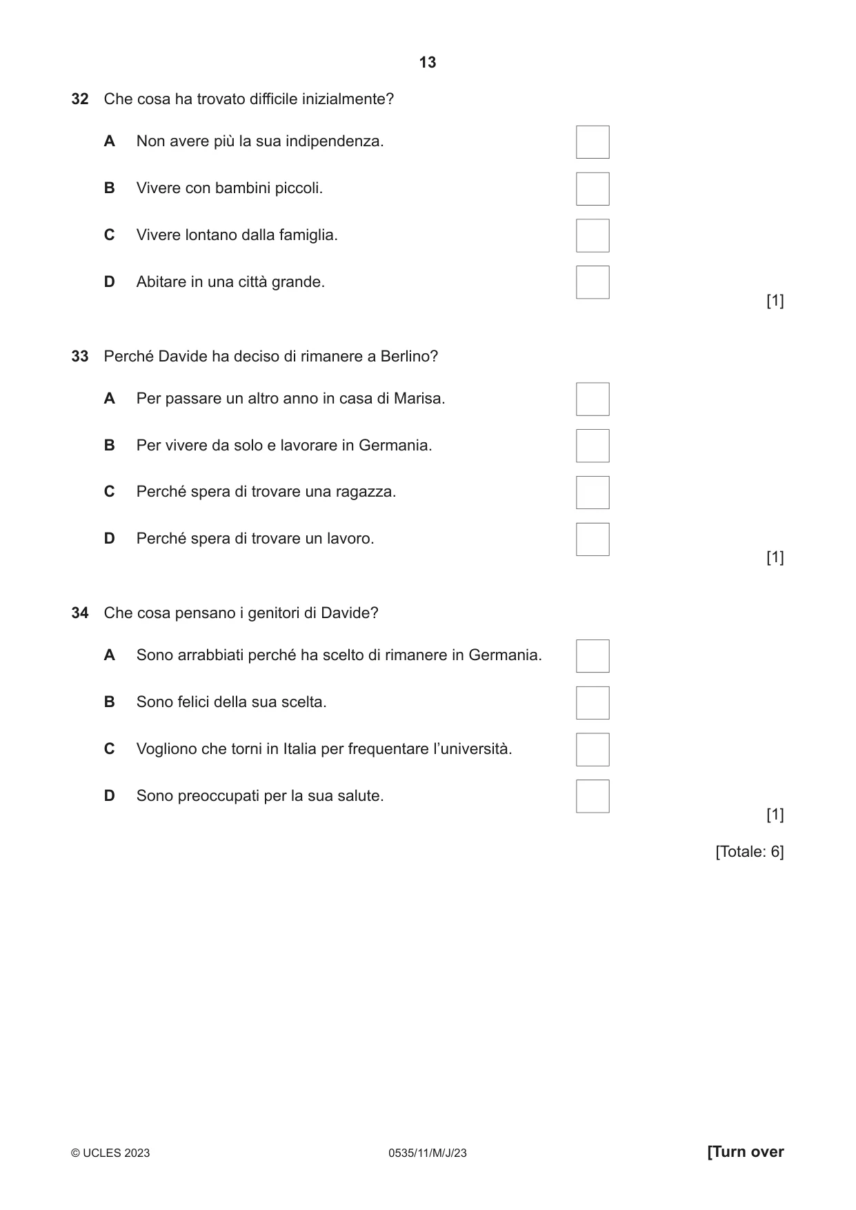 Cambridge IGCSE Italian - Foreign Language 0535 2023 May/June Paper 1 · Variant 1 question paper, page 13 of 16