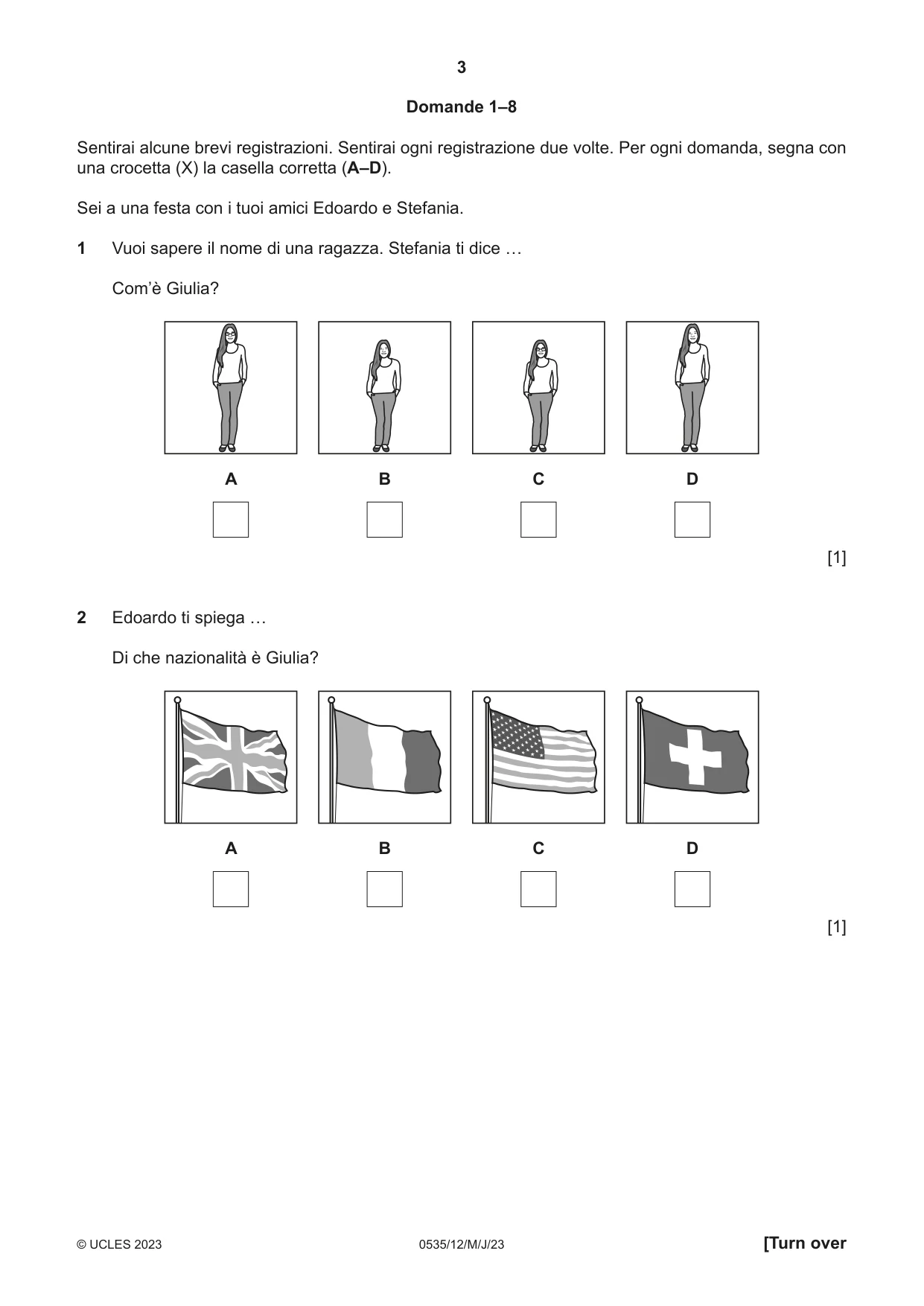 Cambridge IGCSE Italian - Foreign Language 0535 2023 May/June Paper 1 · Variant 2 question paper, page 3 of 16