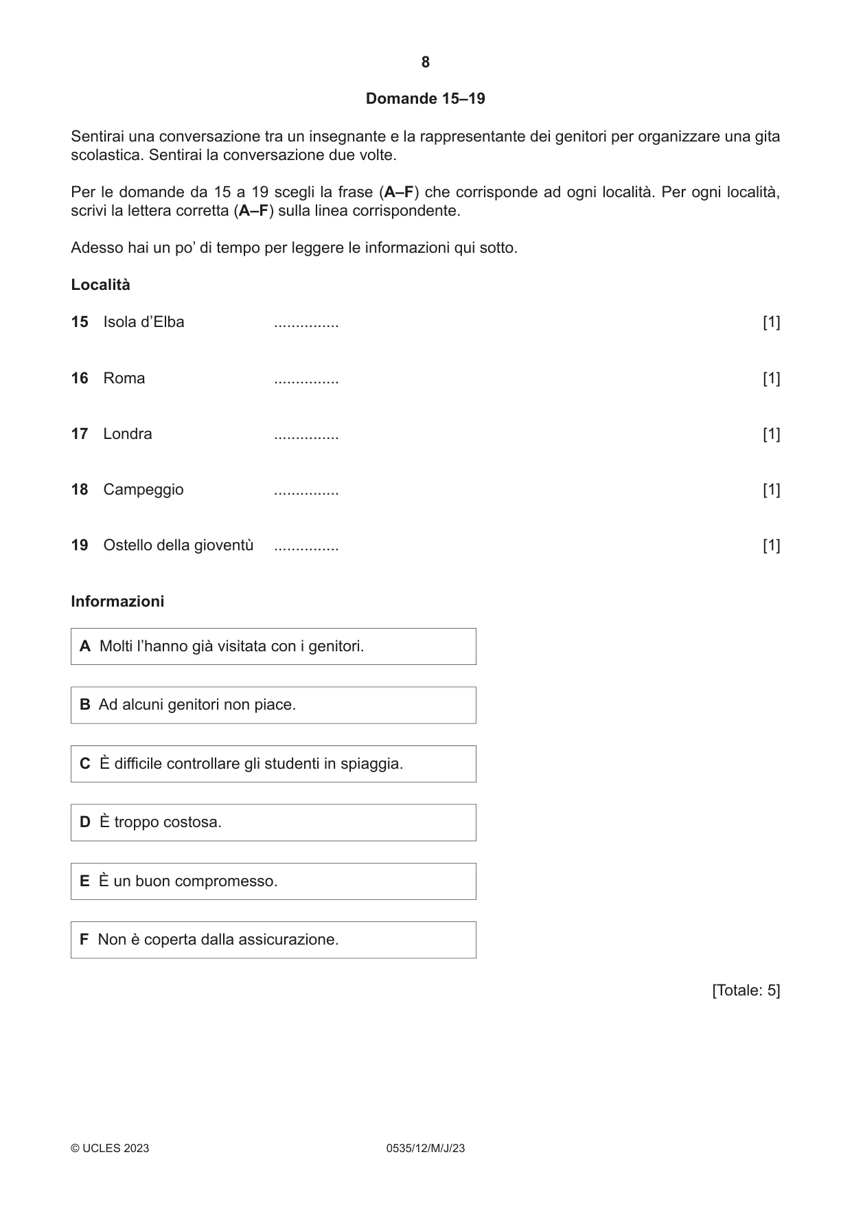 Cambridge IGCSE Italian - Foreign Language 0535 2023 May/June Paper 1 · Variant 2 question paper, page 8 of 16