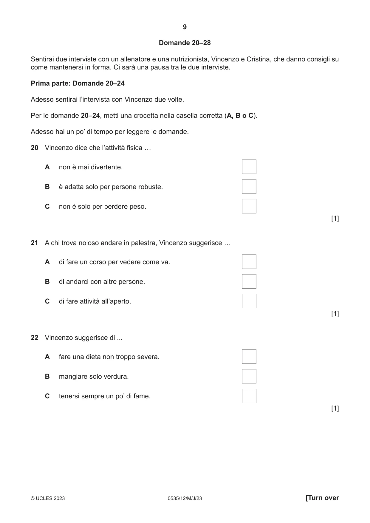 Cambridge IGCSE Italian - Foreign Language 0535 2023 May/June Paper 1 · Variant 2 question paper, page 9 of 16