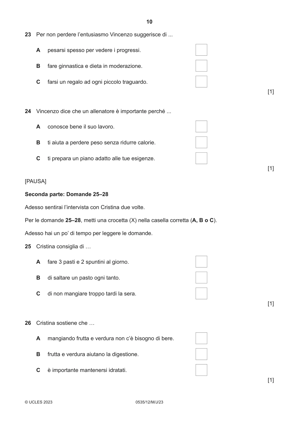 Cambridge IGCSE Italian - Foreign Language 0535 2023 May/June Paper 1 · Variant 2 question paper, page 10 of 16