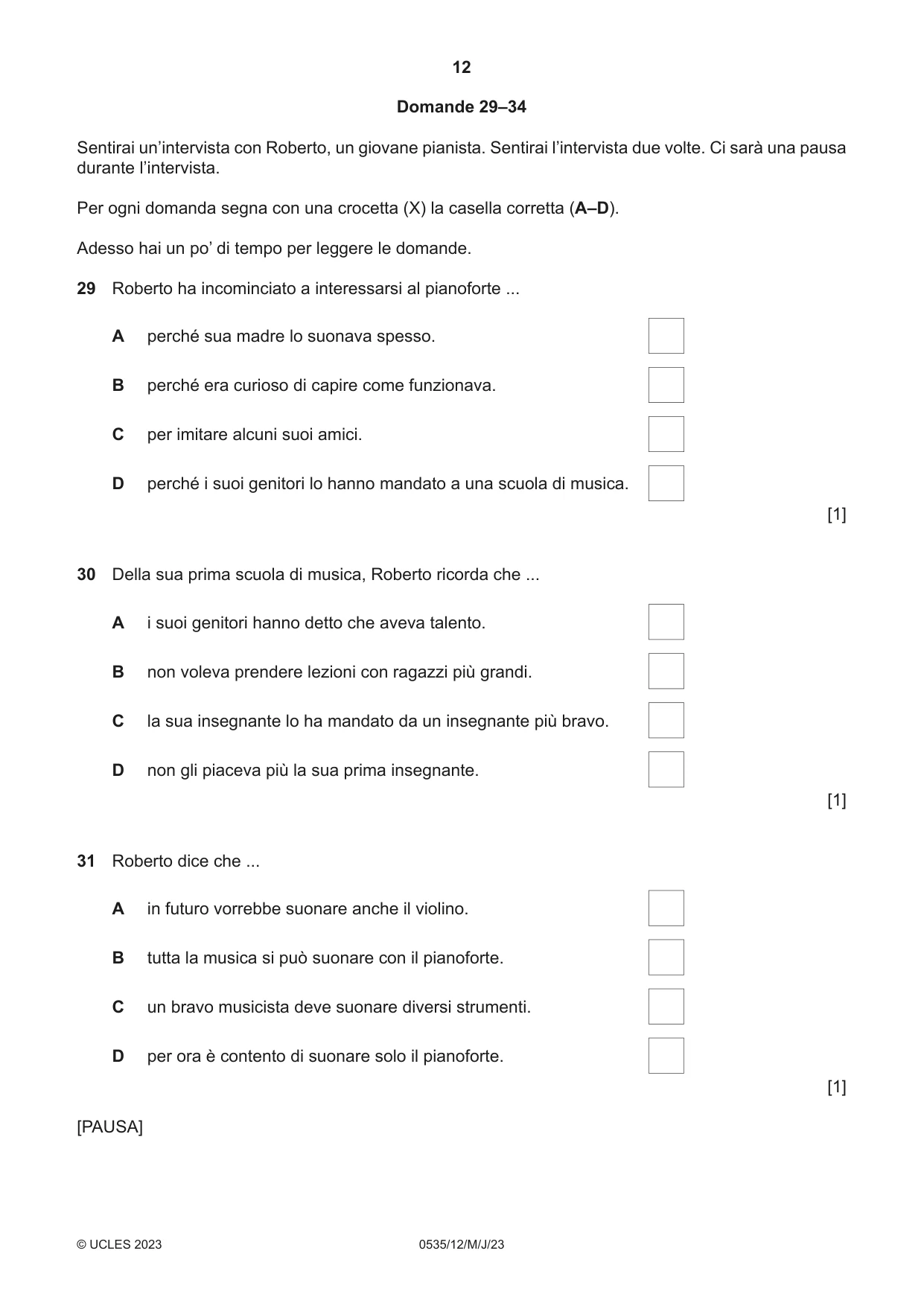 Cambridge IGCSE Italian - Foreign Language 0535 2023 May/June Paper 1 · Variant 2 question paper, page 12 of 16