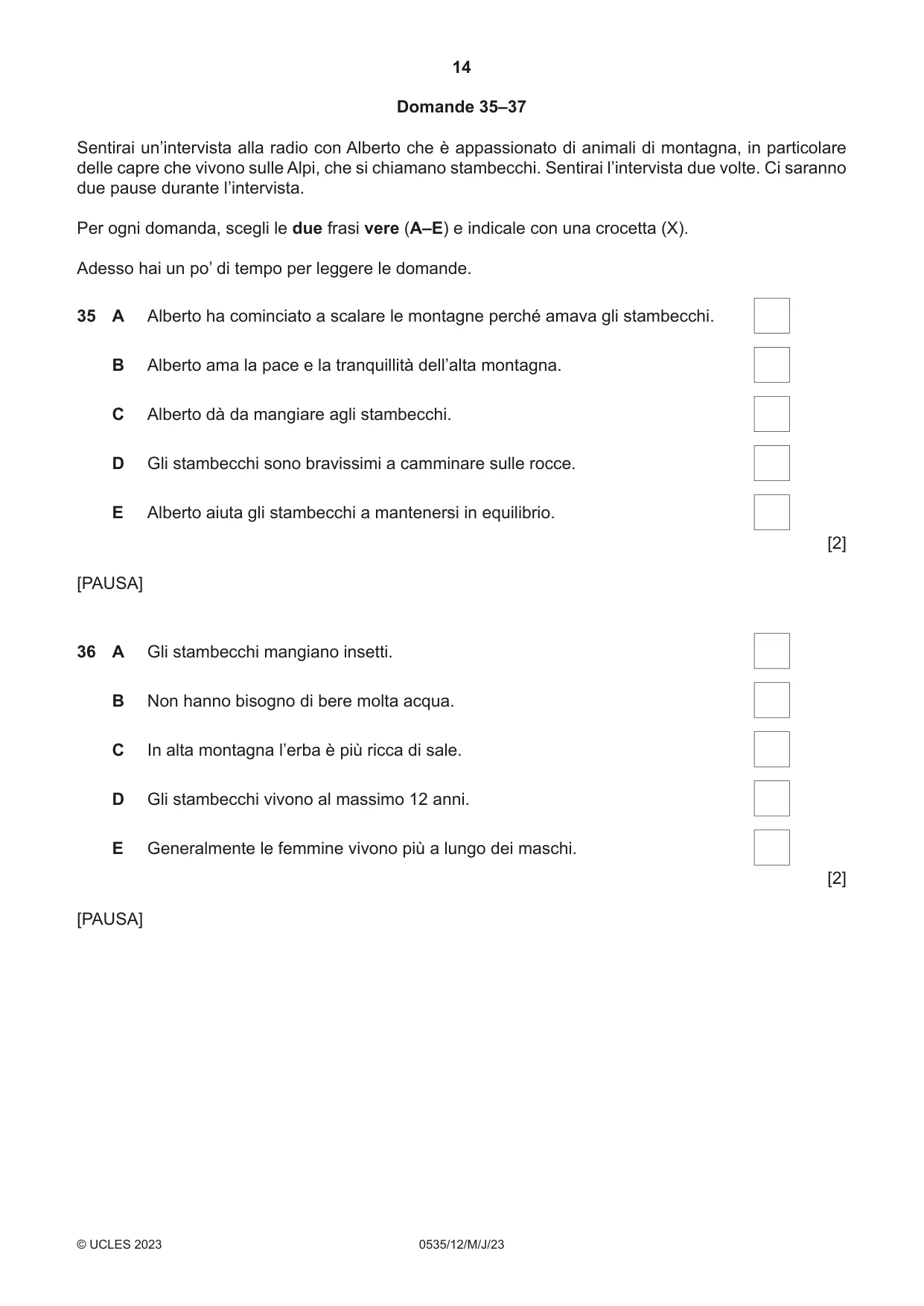 Cambridge IGCSE Italian - Foreign Language 0535 2023 May/June Paper 1 · Variant 2 question paper, page 14 of 16