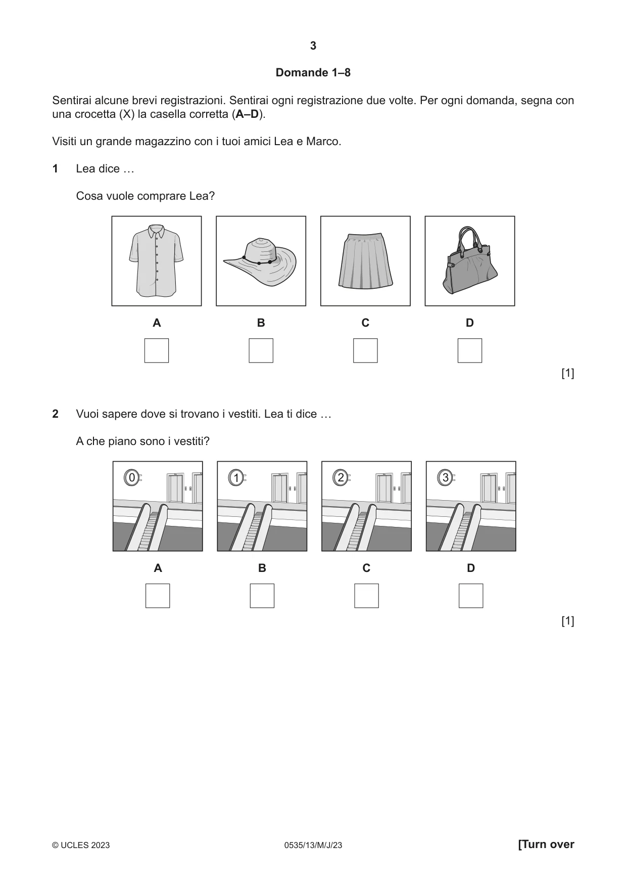 Cambridge IGCSE Italian - Foreign Language 0535 2023 May/June Paper 1 · Variant 3 question paper, page 3 of 16