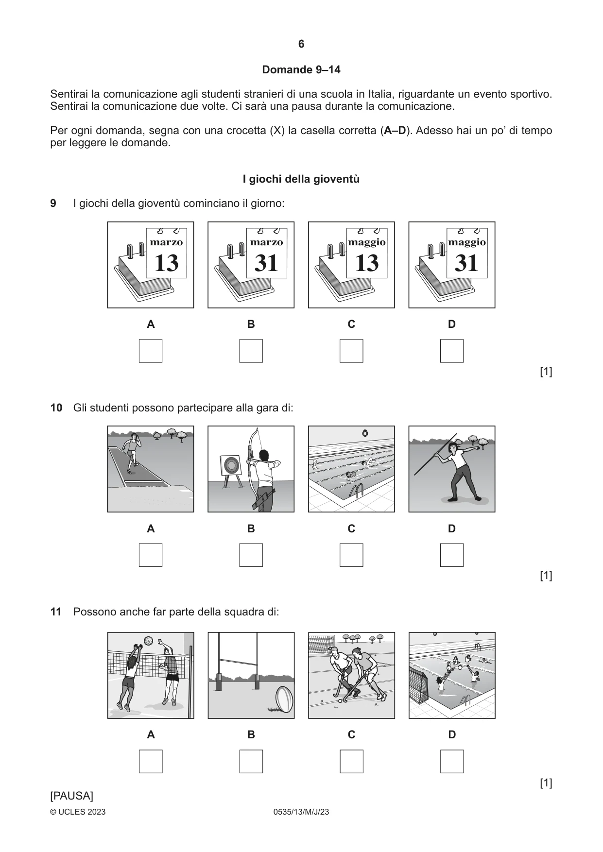 Cambridge IGCSE Italian - Foreign Language 0535 2023 May/June Paper 1 · Variant 3 question paper, page 6 of 16