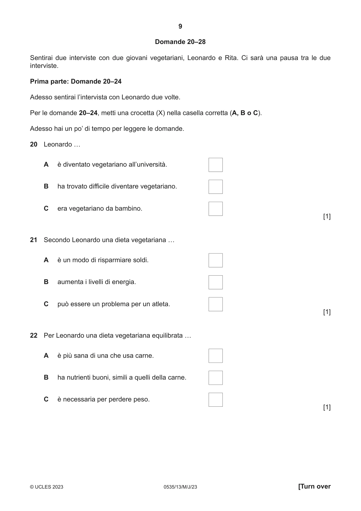 Cambridge IGCSE Italian - Foreign Language 0535 2023 May/June Paper 1 · Variant 3 question paper, page 9 of 16