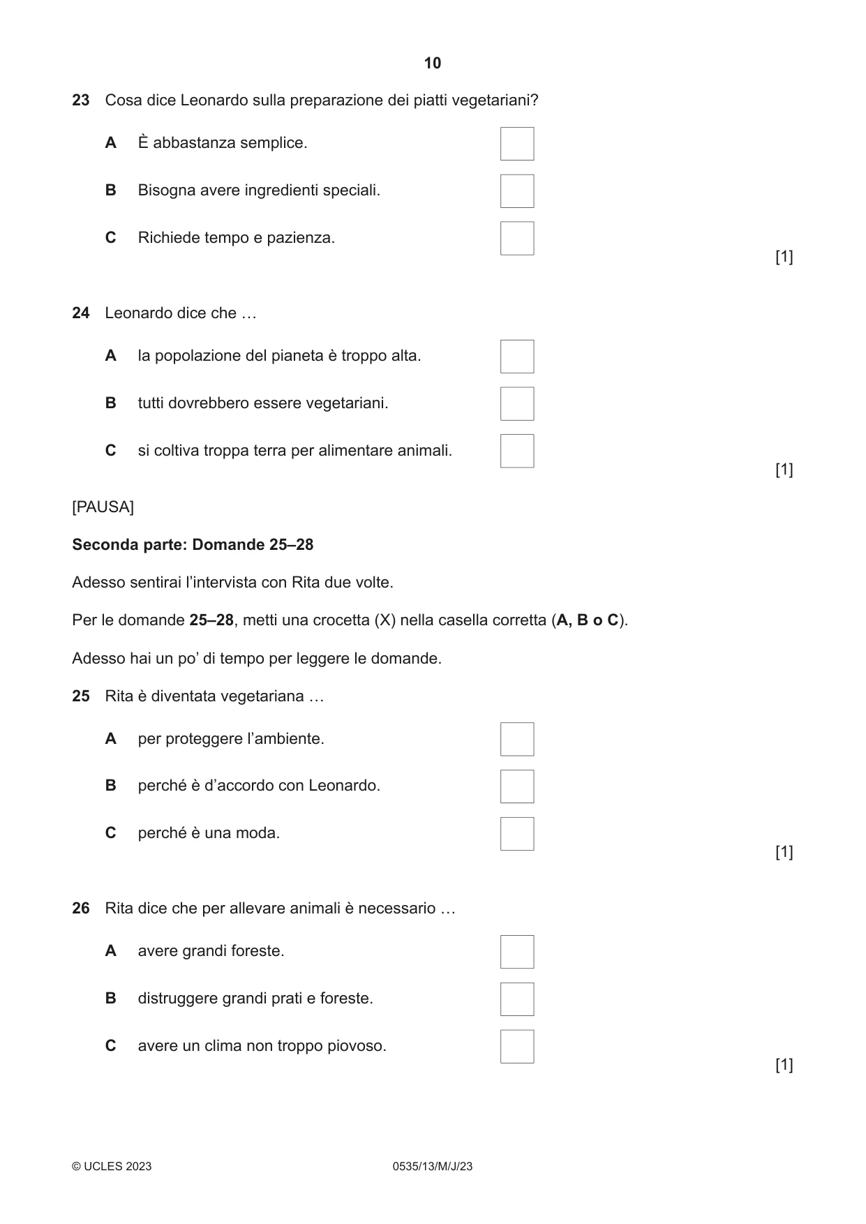 Cambridge IGCSE Italian - Foreign Language 0535 2023 May/June Paper 1 · Variant 3 question paper, page 10 of 16