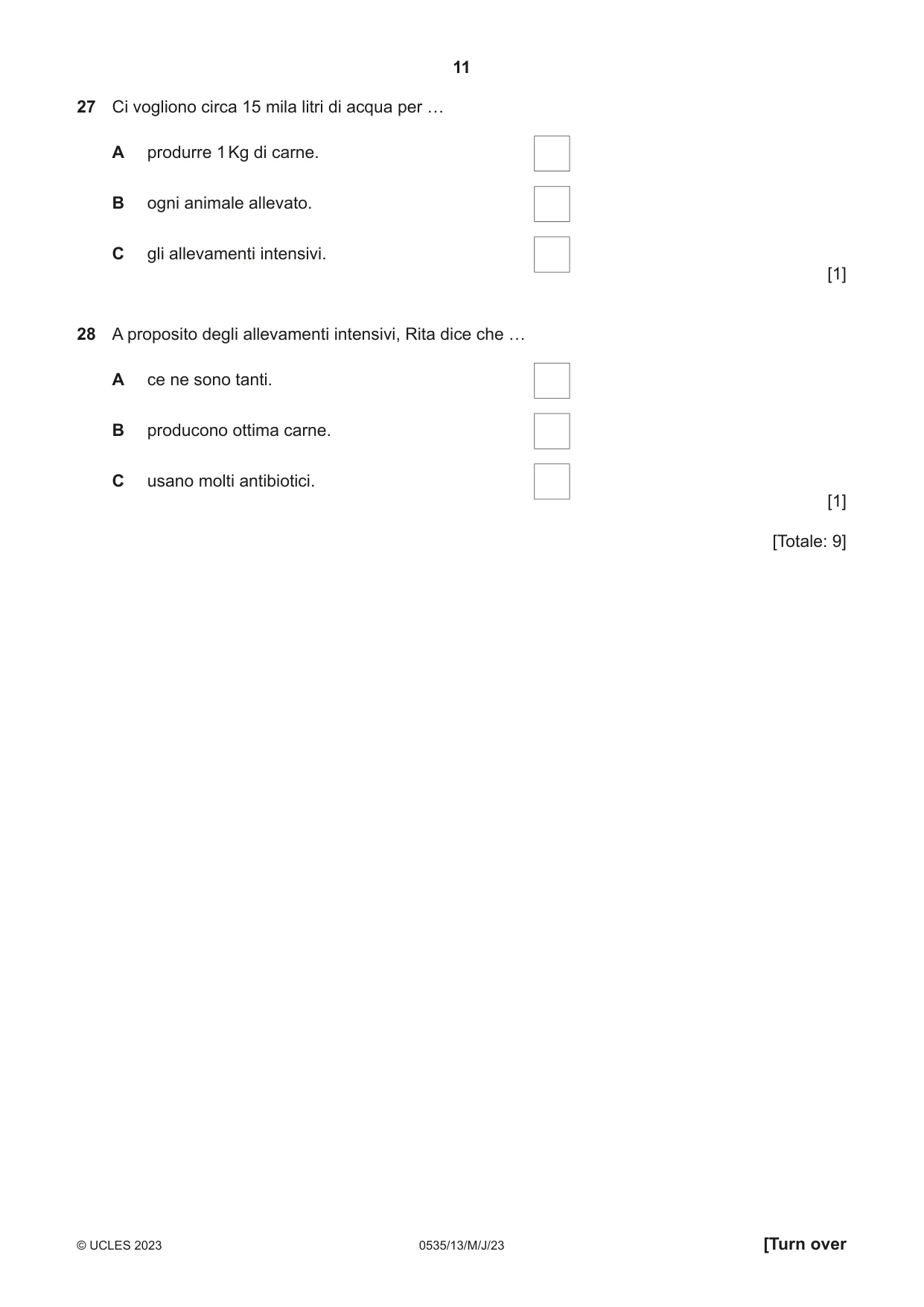 Cambridge IGCSE Italian - Foreign Language 0535 2023 May/June Paper 1 · Variant 3 question paper, page 11 of 16