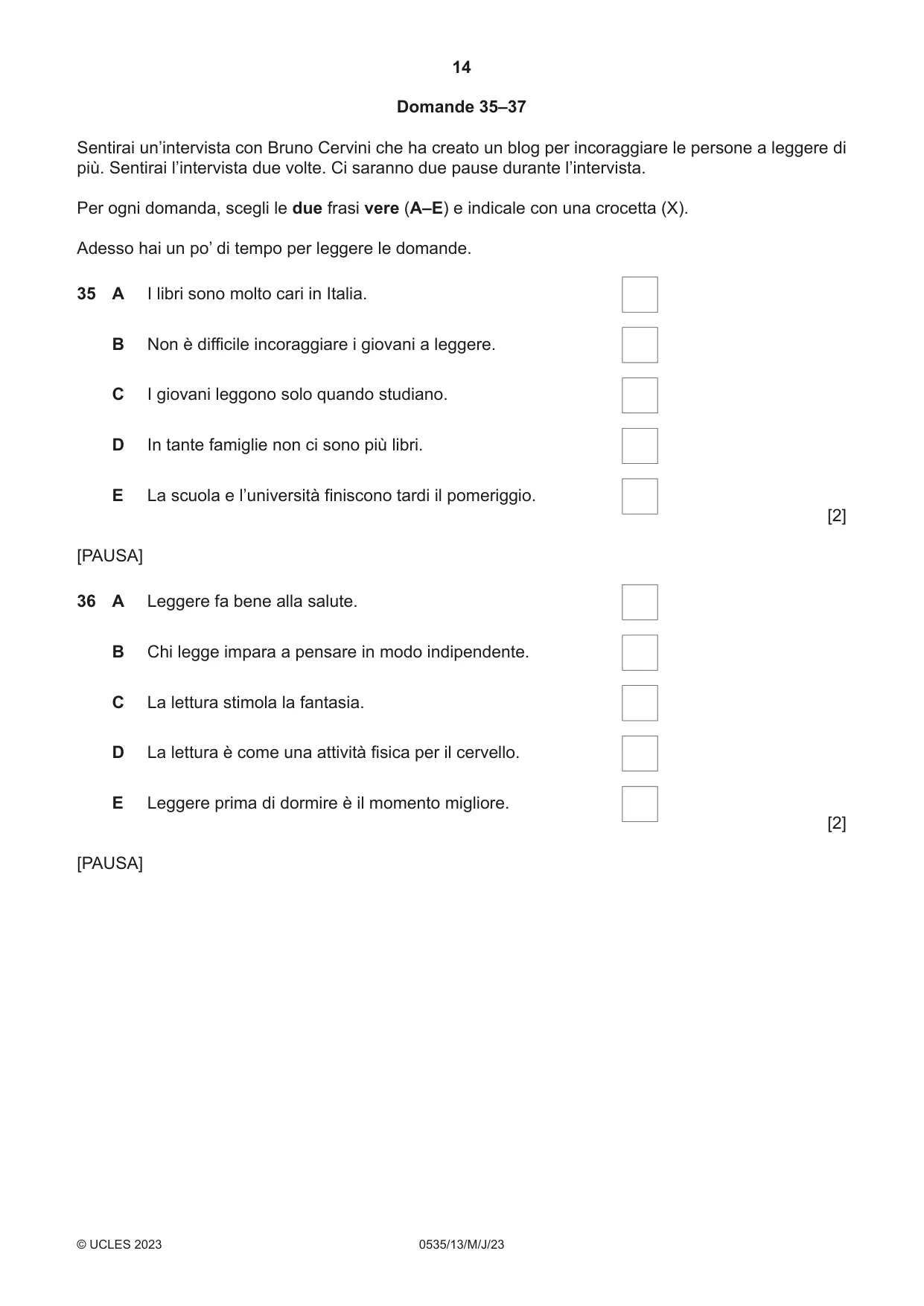 Cambridge IGCSE Italian - Foreign Language 0535 2023 May/June Paper 1 · Variant 3 question paper, page 14 of 16