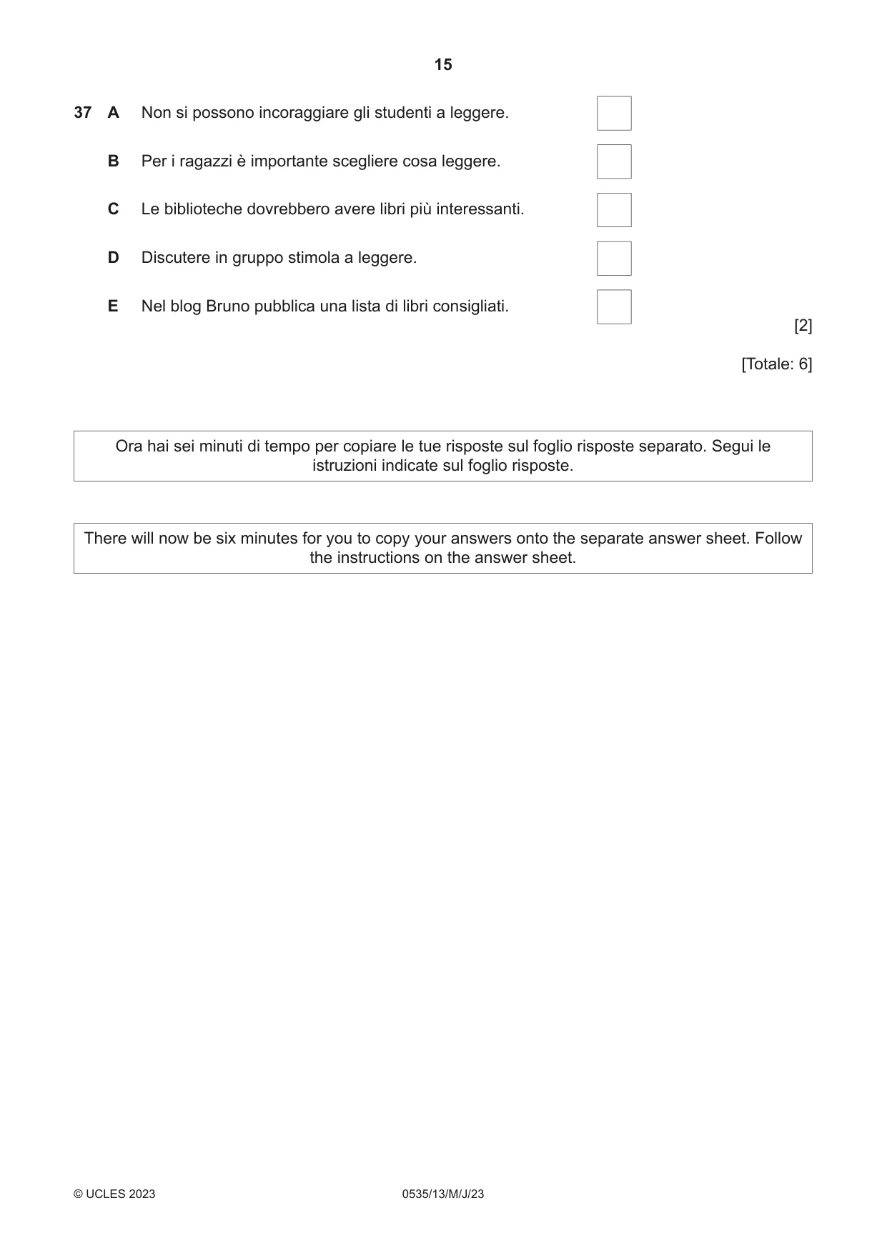 Cambridge IGCSE Italian - Foreign Language 0535 2023 May/June Paper 1 · Variant 3 question paper, page 15 of 16