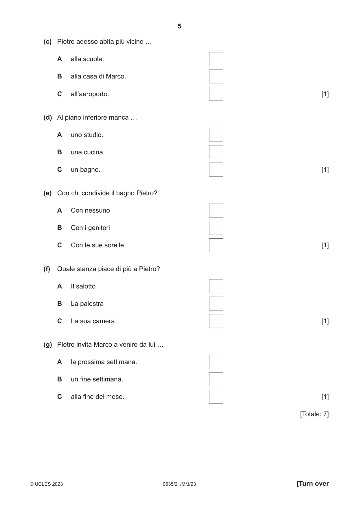 Cambridge IGCSE Italian - Foreign Language 0535 2023 May/June Paper 2 · Variant 1 question paper, page 5 of 12