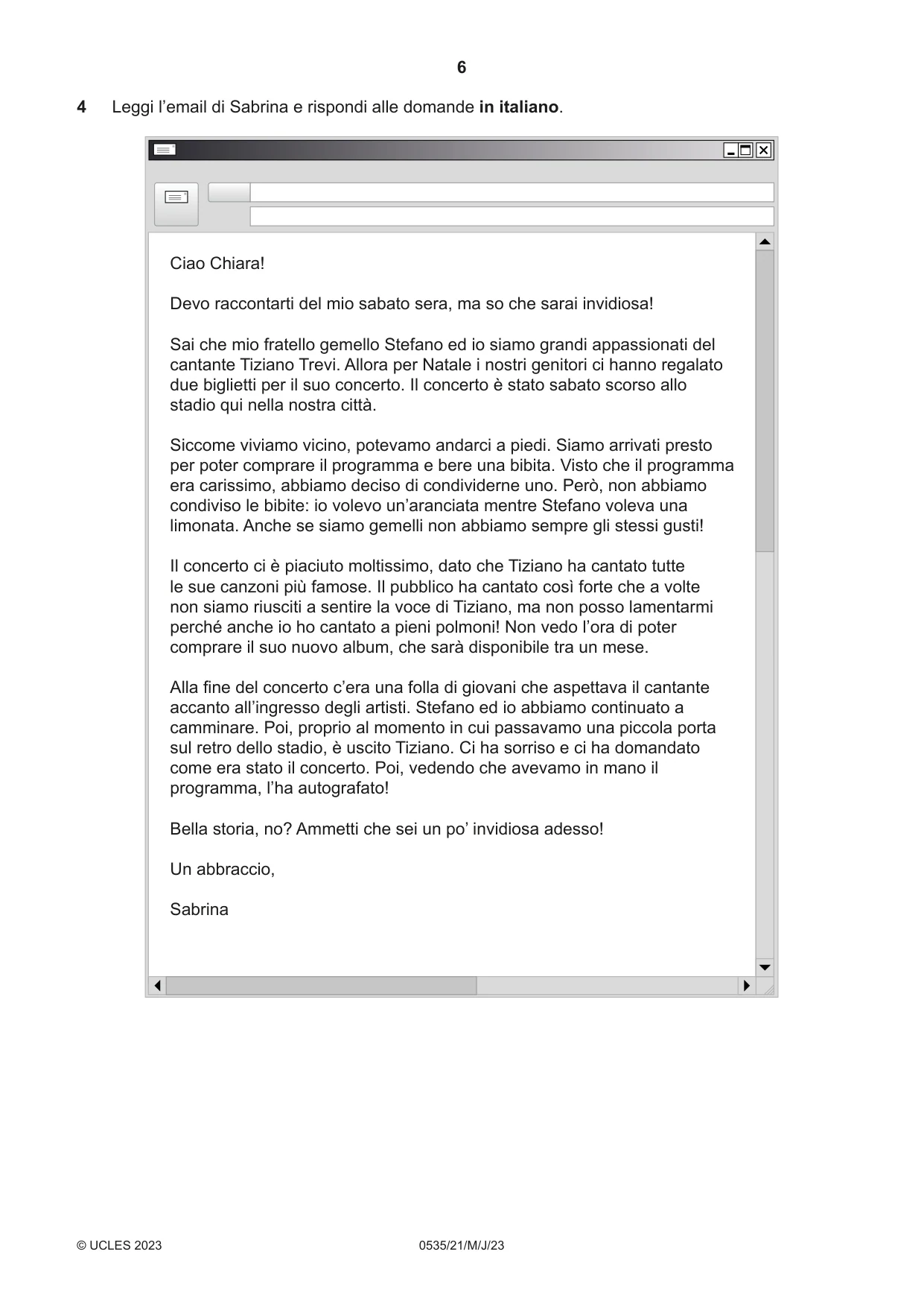 Cambridge IGCSE Italian - Foreign Language 0535 2023 May/June Paper 2 · Variant 1 question paper, page 6 of 12