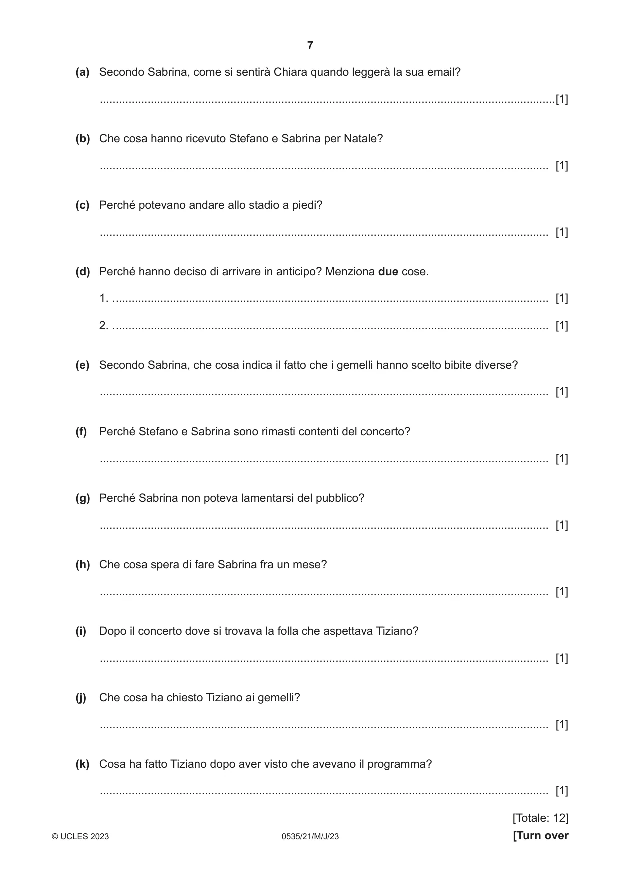 Cambridge IGCSE Italian - Foreign Language 0535 2023 May/June Paper 2 · Variant 1 question paper, page 7 of 12