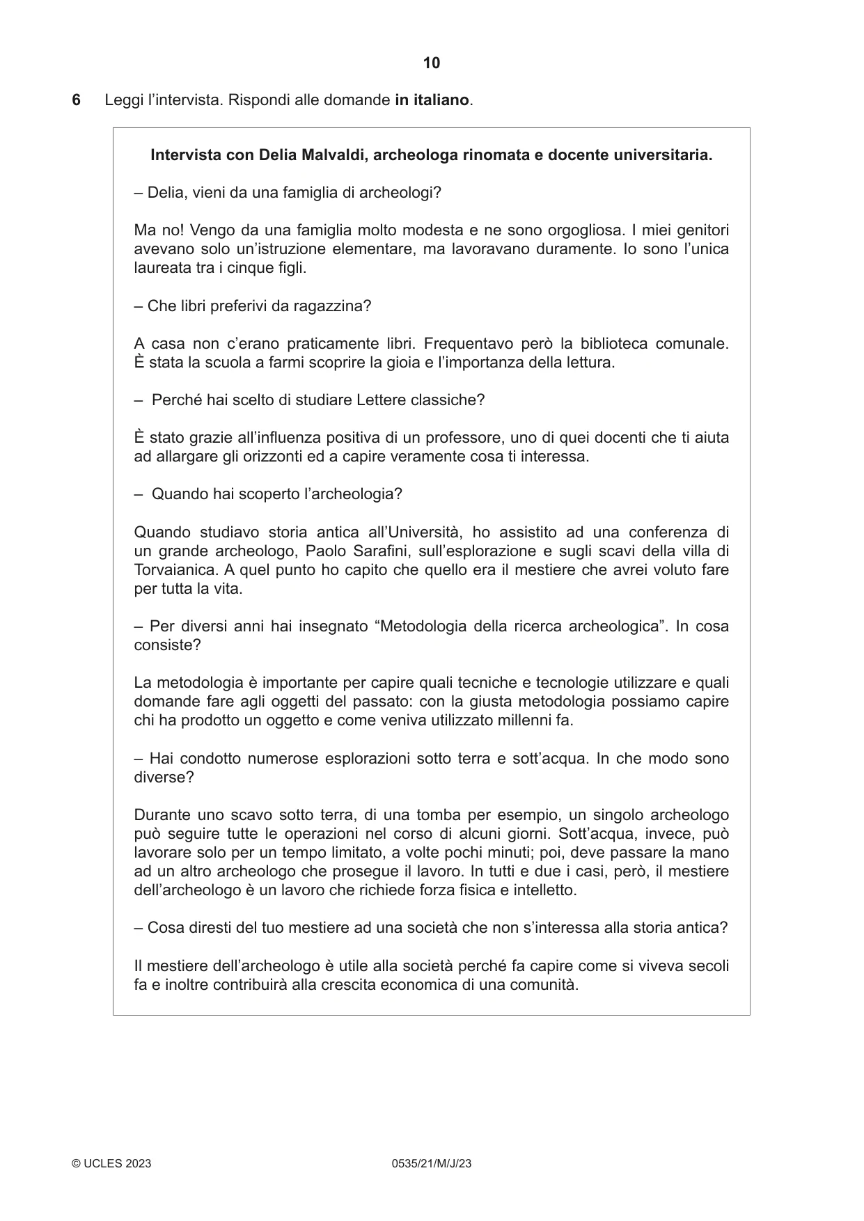 Cambridge IGCSE Italian - Foreign Language 0535 2023 May/June Paper 2 · Variant 1 question paper, page 10 of 12
