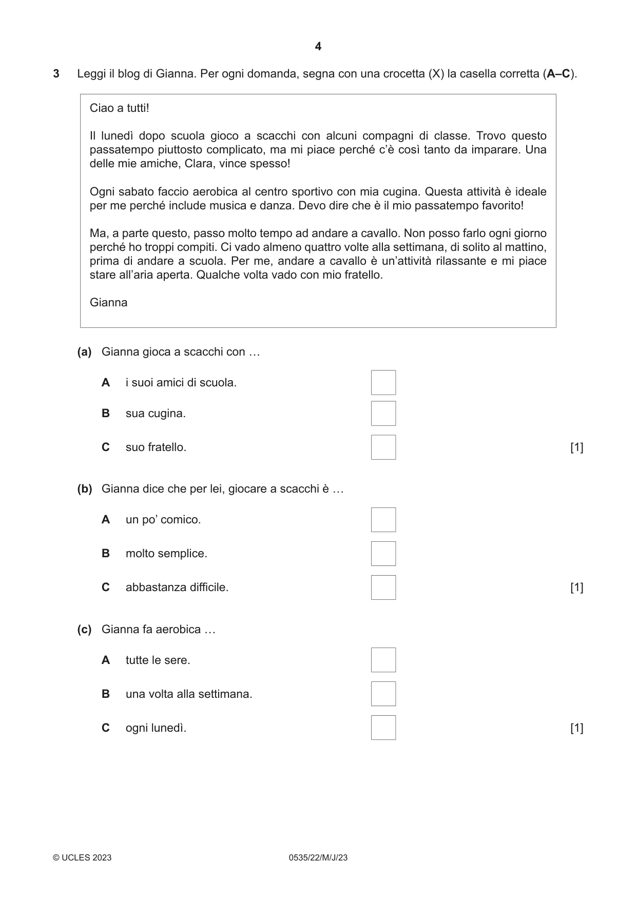 Cambridge IGCSE Italian - Foreign Language 0535 2023 May/June Paper 2 · Variant 2 question paper, page 4 of 12