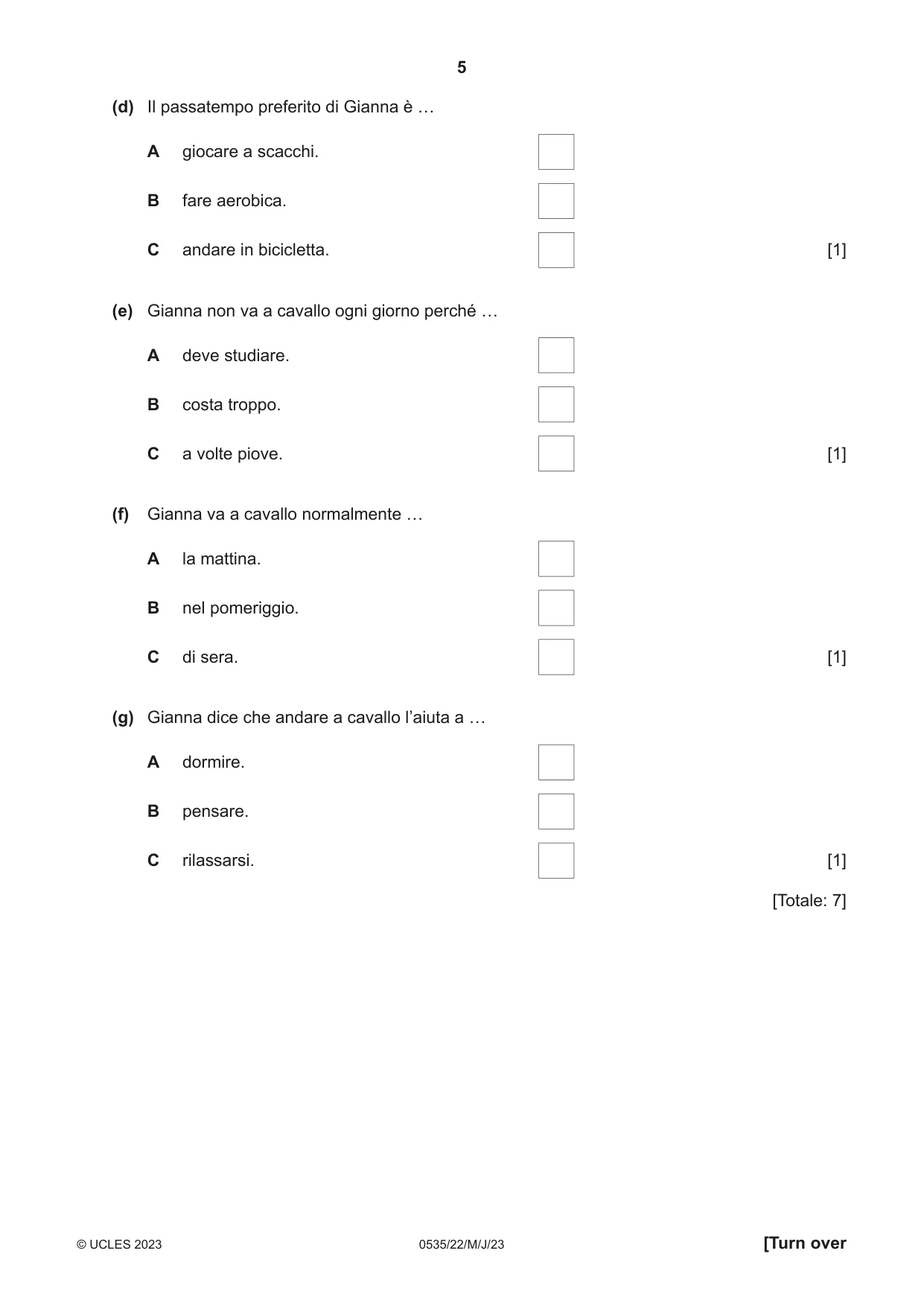 Cambridge IGCSE Italian - Foreign Language 0535 2023 May/June Paper 2 · Variant 2 question paper, page 5 of 12