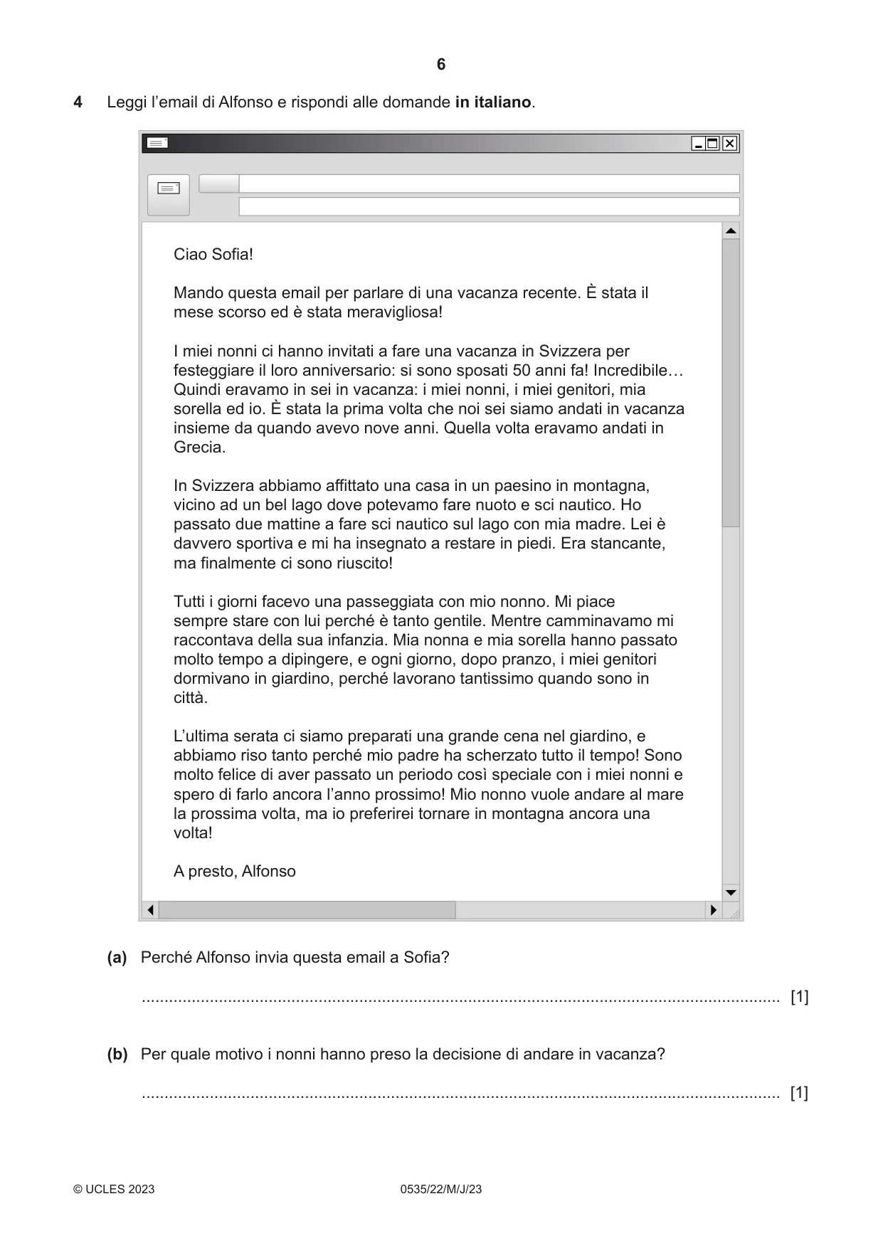 Cambridge IGCSE Italian - Foreign Language 0535 2023 May/June Paper 2 · Variant 2 question paper, page 6 of 12