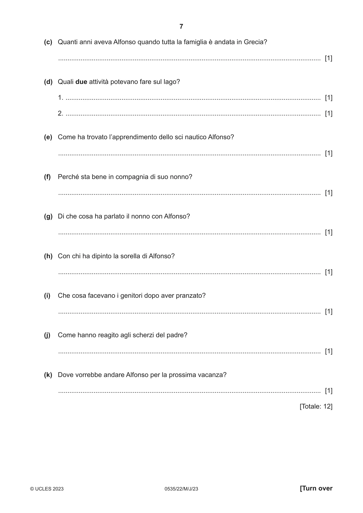 Cambridge IGCSE Italian - Foreign Language 0535 2023 May/June Paper 2 · Variant 2 question paper, page 7 of 12
