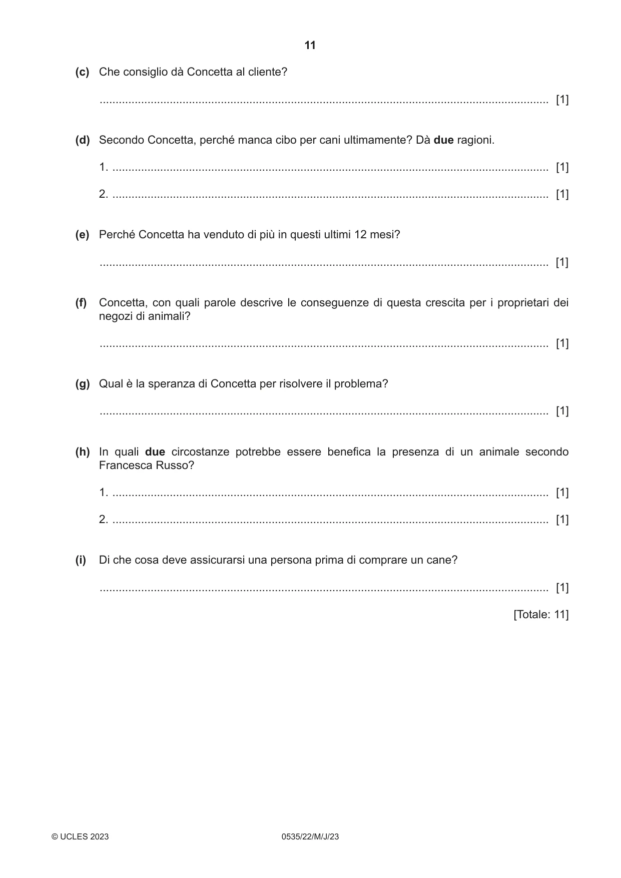 Cambridge IGCSE Italian - Foreign Language 0535 2023 May/June Paper 2 · Variant 2 question paper, page 11 of 12