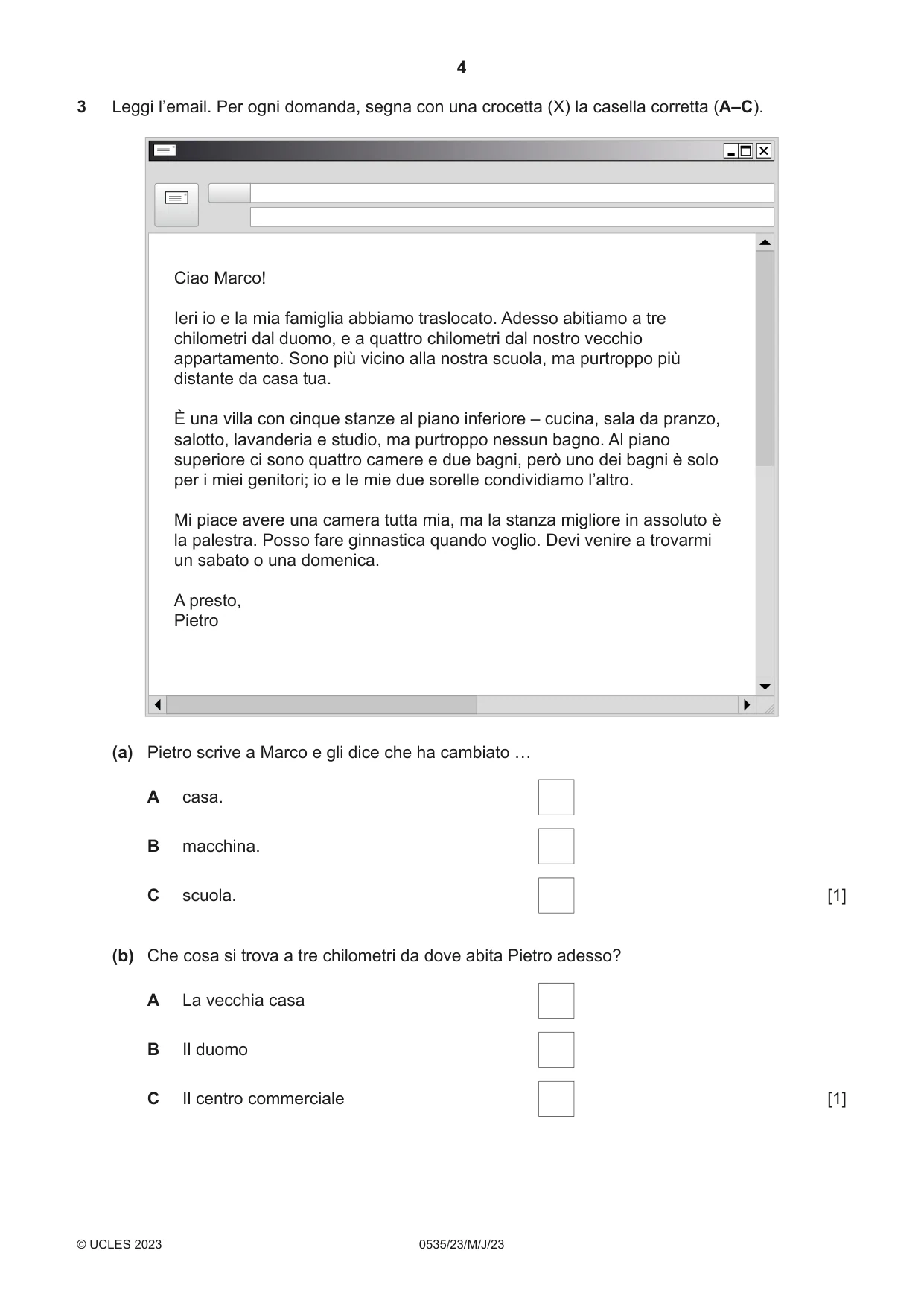 Cambridge IGCSE Italian - Foreign Language 0535 2023 May/June Paper 2 · Variant 3 question paper, page 4 of 12