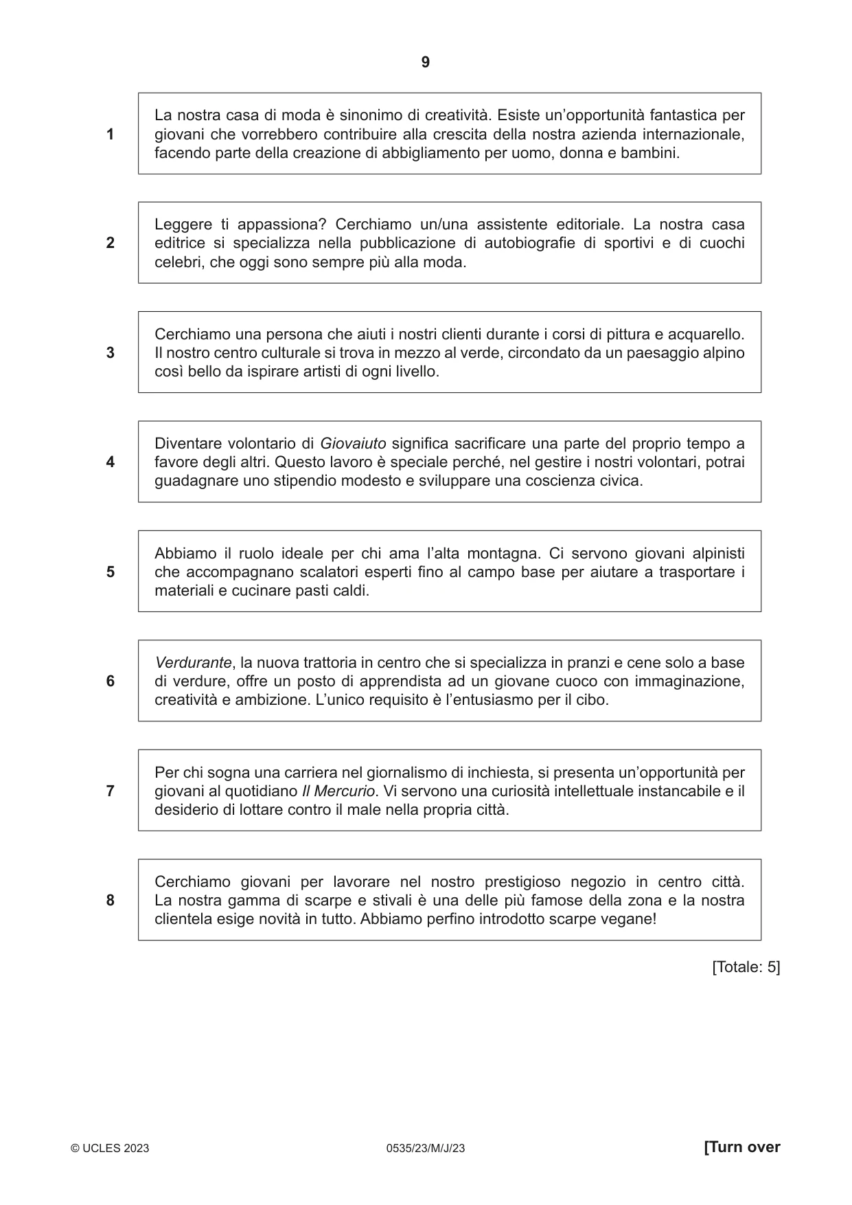 Cambridge IGCSE Italian - Foreign Language 0535 2023 May/June Paper 2 · Variant 3 question paper, page 9 of 12
