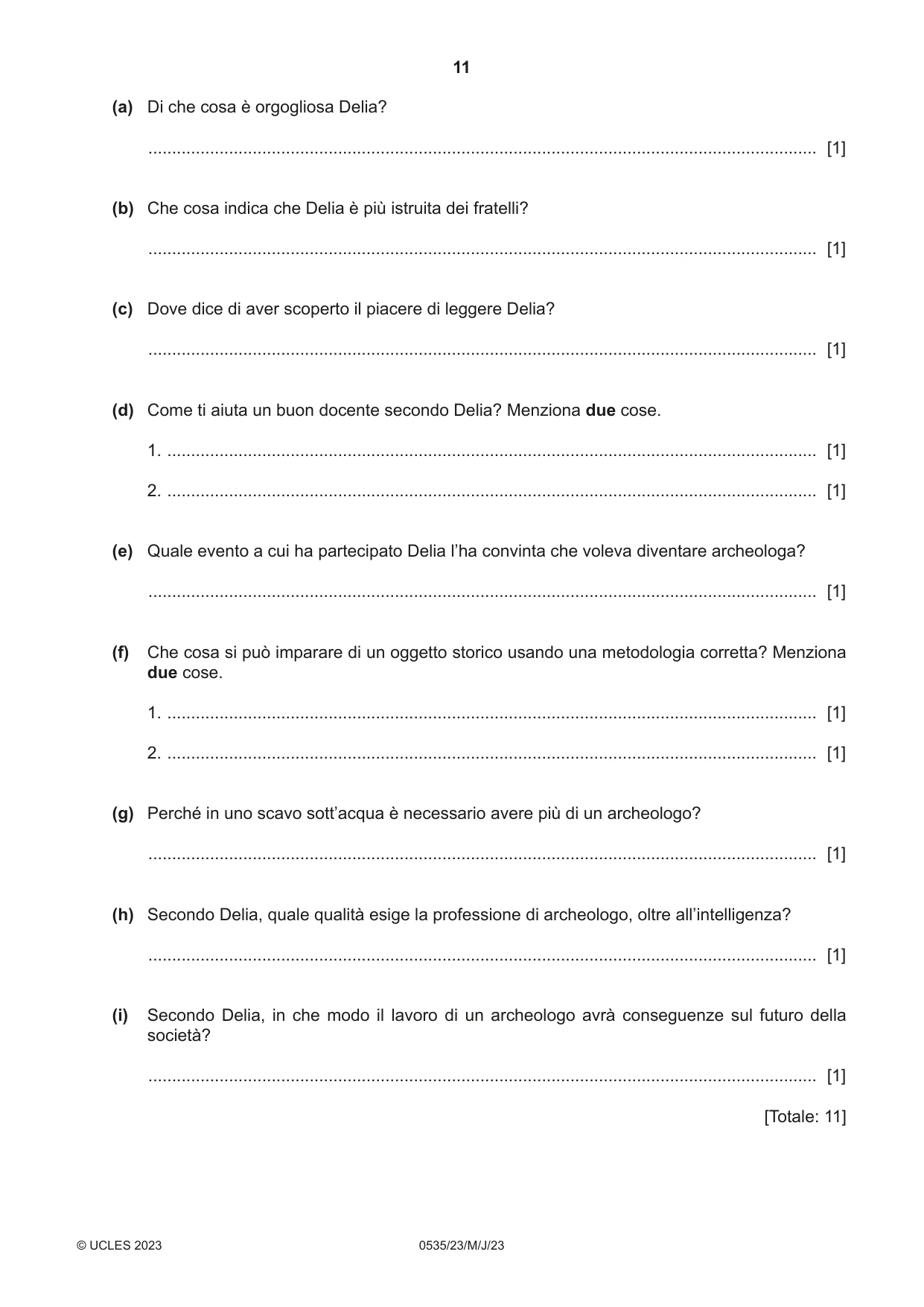 Cambridge IGCSE Italian - Foreign Language 0535 2023 May/June Paper 2 · Variant 3 question paper, page 11 of 12