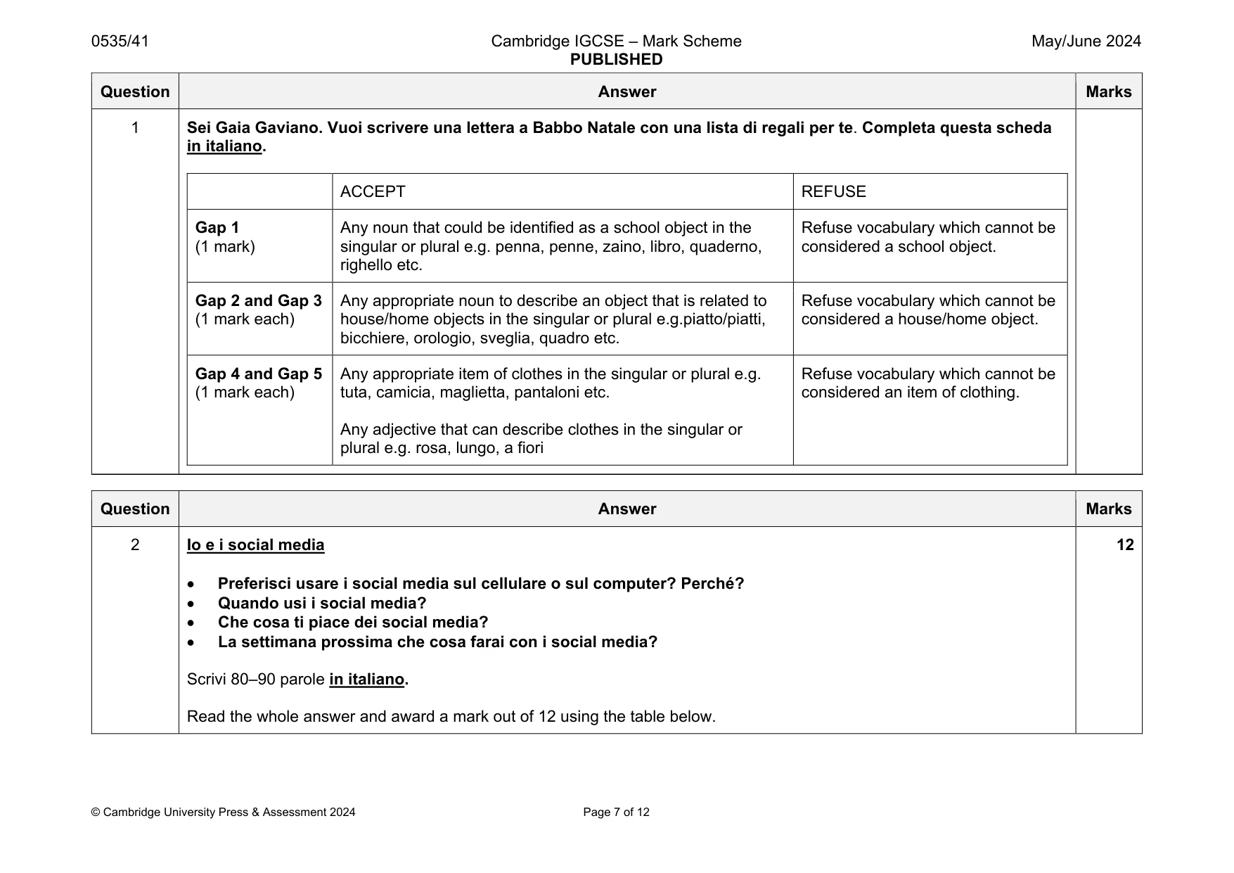 Mark scheme, page 7 of 12